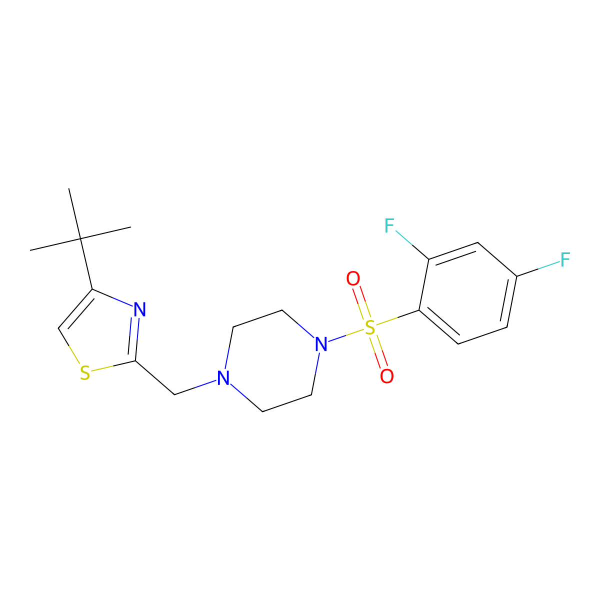 4-(Tert-butyl)-2-((4-((2,4-difluorophenyl)sulfonyl)piperazin-1-yl)methyl)thiazole molecular structure, CAS 1172419-35-0