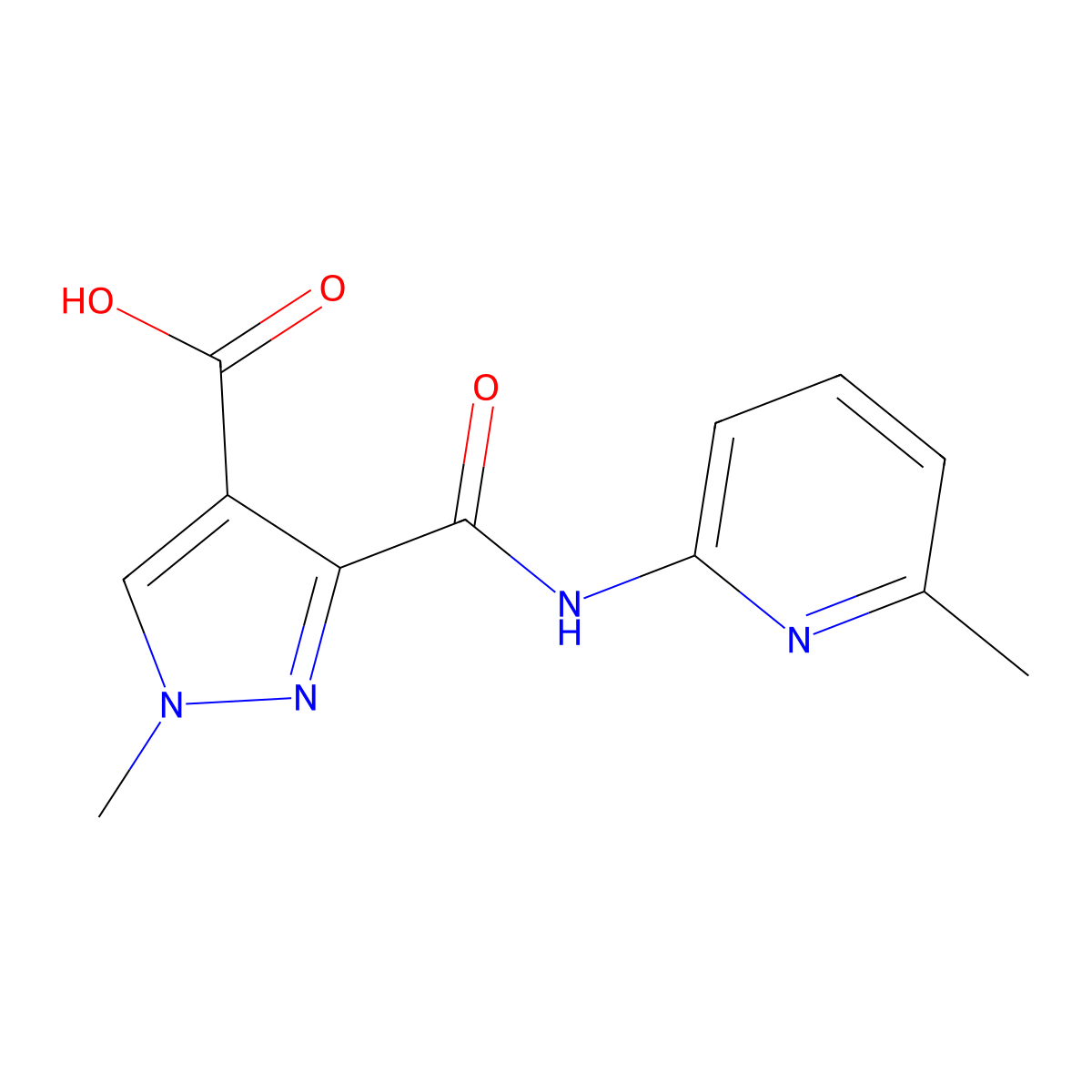 1-methyl-3-((6-methylpyridin-2-yl)carbamoyl)-1H-pyrazole-4-carboxylic acid molecular structure, CAS 1172419-61-2