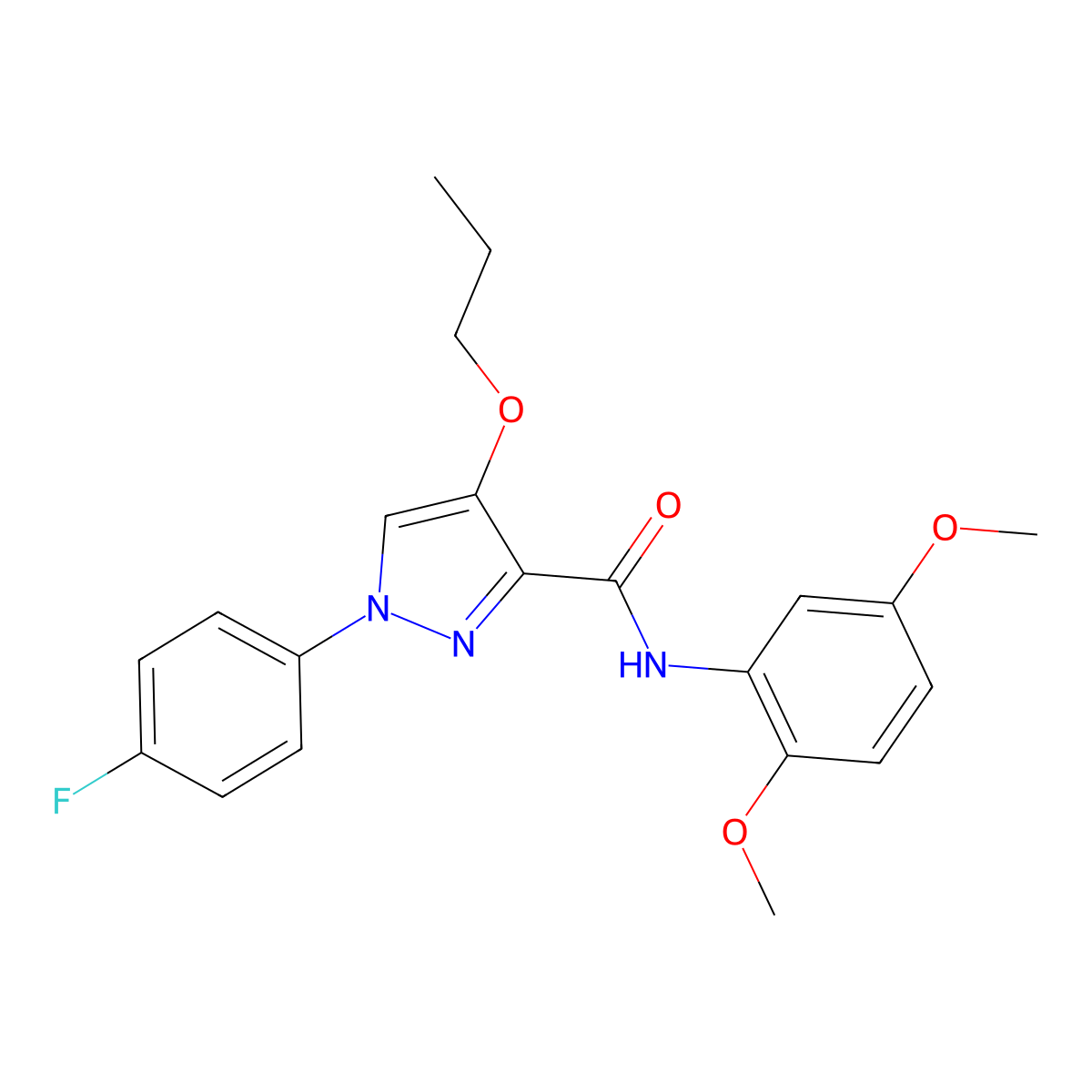 N-(2,5-dimethoxyphenyl)-1-(4-fluorophenyl)-4-propoxy-1H-pyrazole-3-carboxamide molecular structure, CAS 1172421-14-5