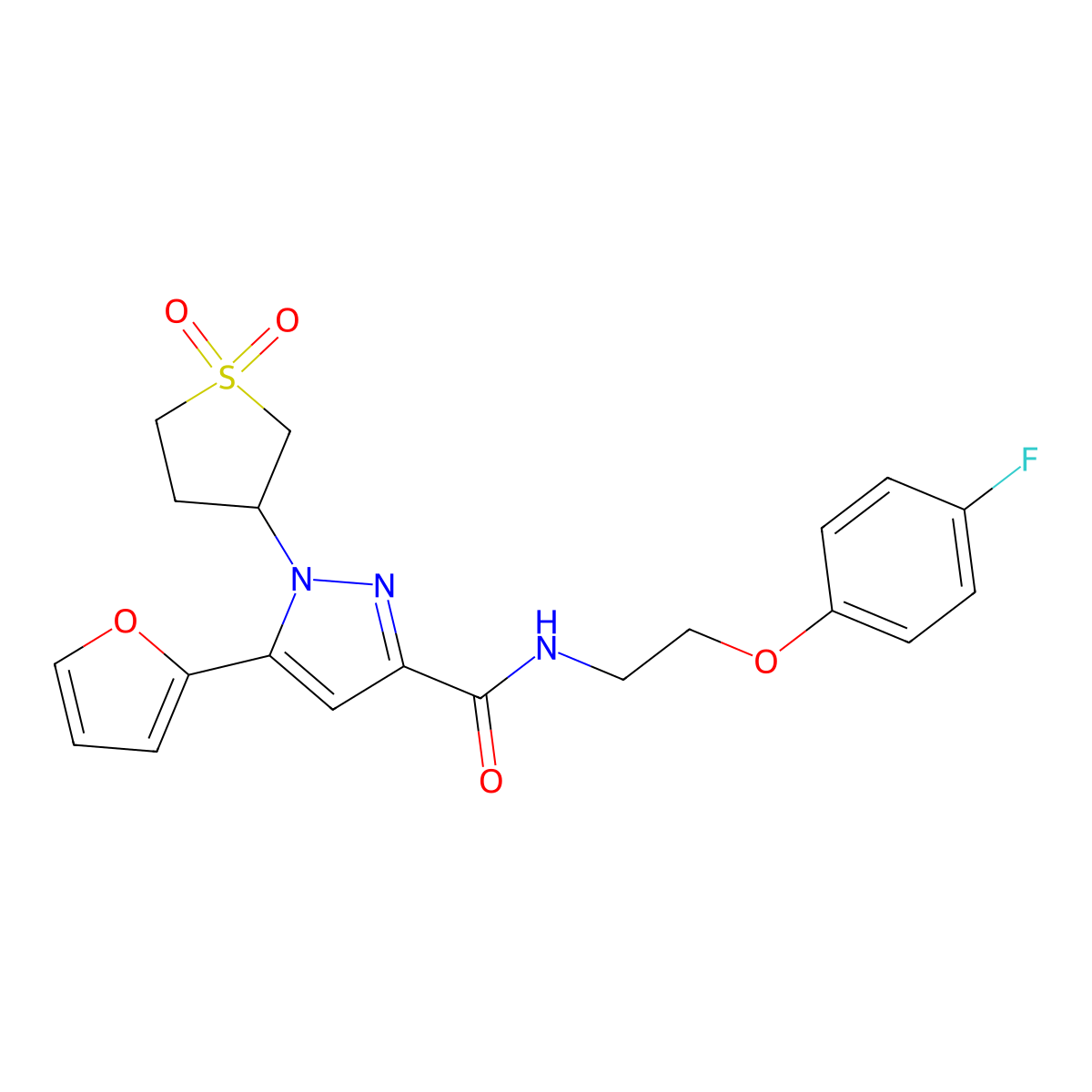 1-(1,1-dioxidotetrahydrothiophen-3-yl)-N-(2-(4-fluorophenoxy)ethyl)-5-(furan-2-yl)-1H-pyrazole-3-carboxamide molecular structure, CAS 1172421-36-1