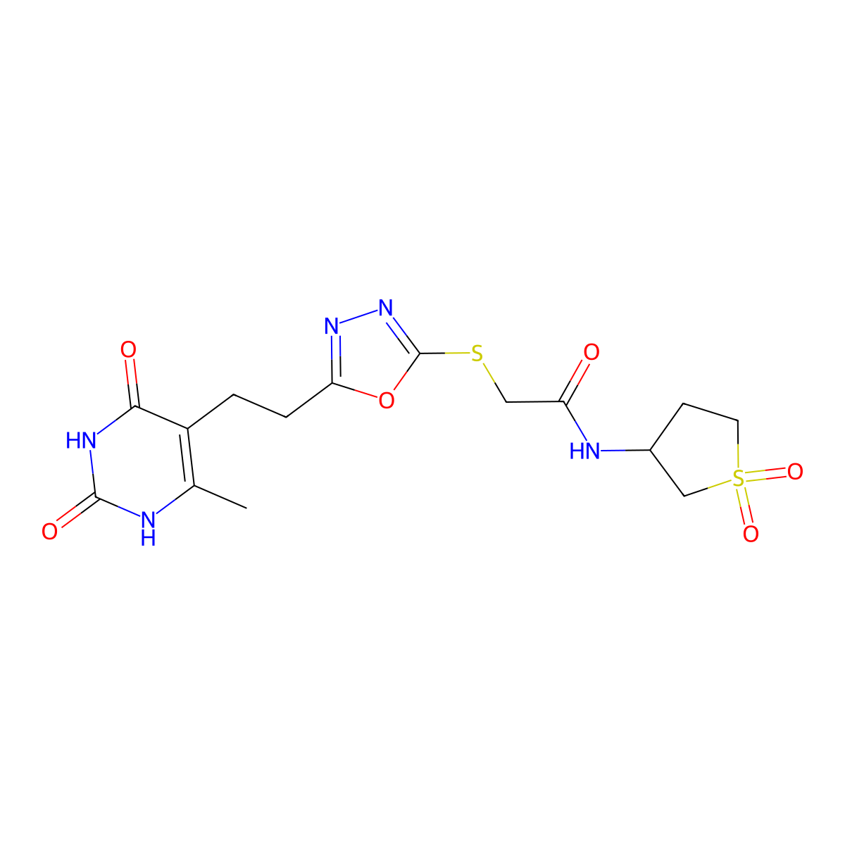 N-(1,1-dioxidotetrahydrothiophen-3-yl)-2-((5-(2-(6-methyl-2,4-dioxo-1,2,3,4-tetrahydropyrimidin-5-yl)ethyl)-1,3,4-oxadiazol-2-yl)thio)acetamide molecular structure, CAS 1172422-40-0