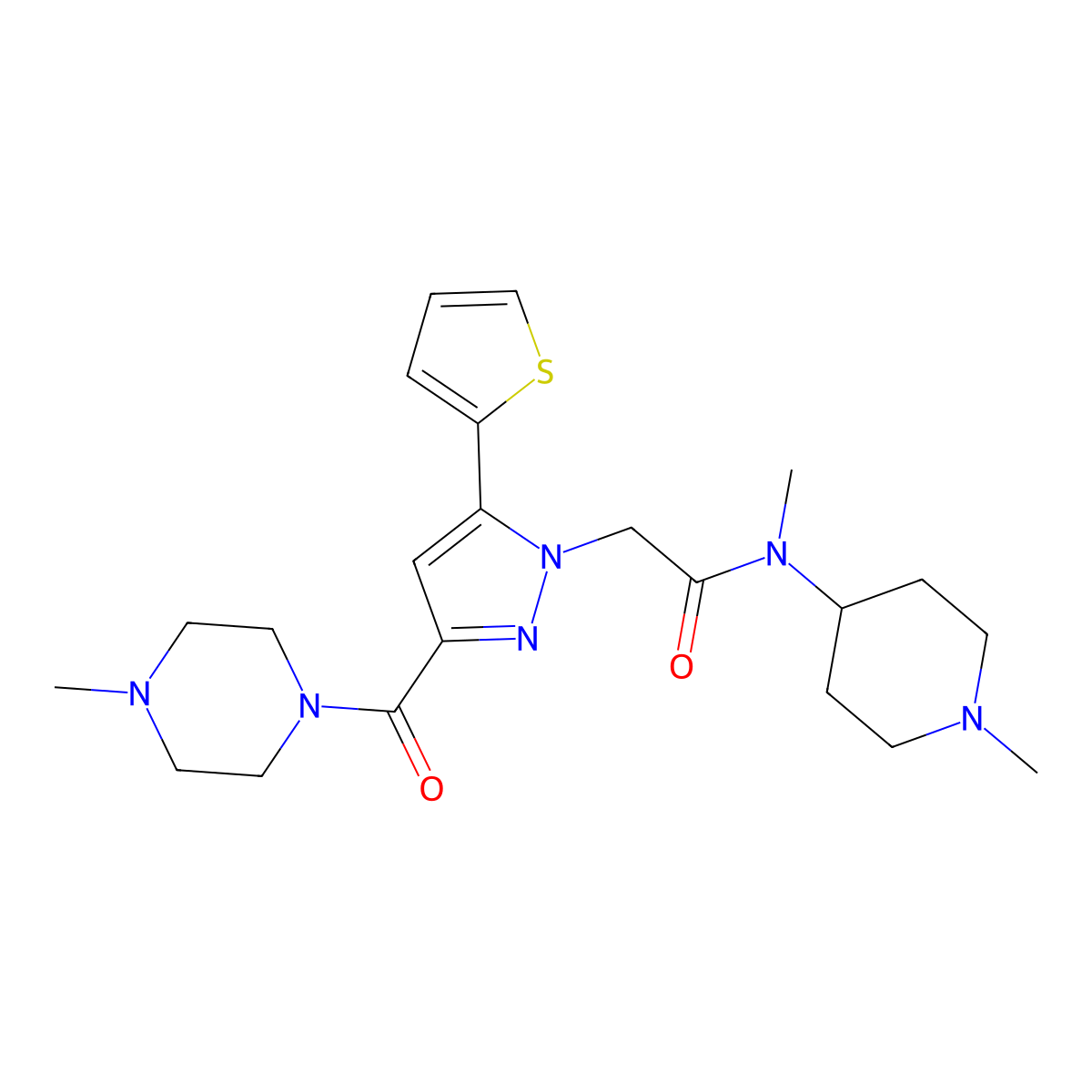 N-methyl-2-[3-(4-methylpiperazine-1-carbonyl)-5-(thiophen-2-yl)-1H-pyrazol-1-yl]-N-(1-methylpiperidin-4-yl)acetamide molecular structure, CAS 1172422-45-5