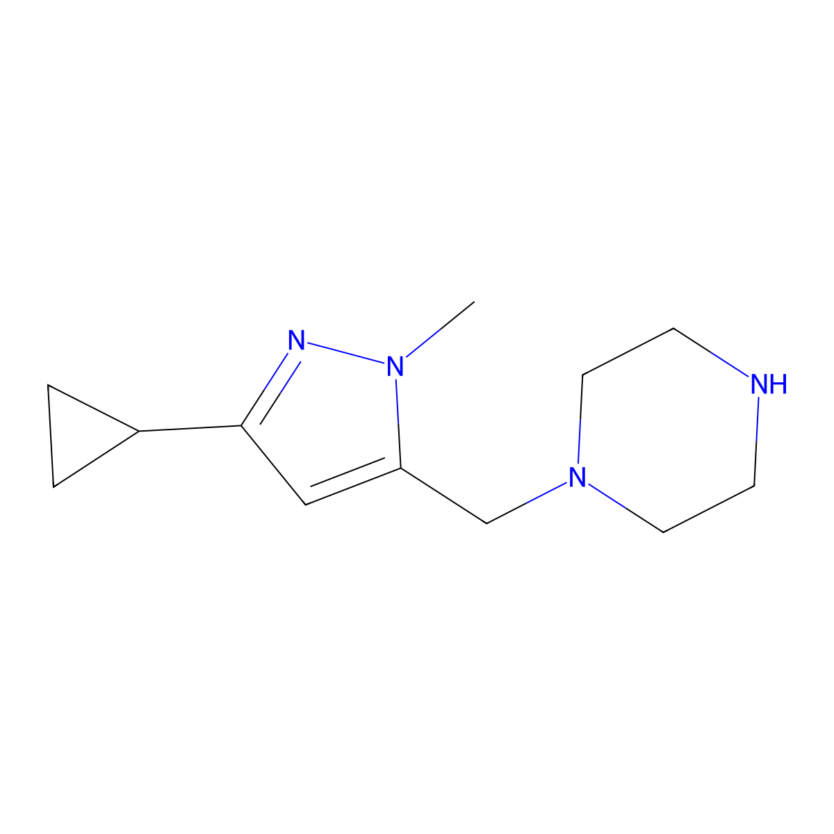 1-[(3-cyclopropyl-1-methyl-1H-pyrazol-5-yl)methyl]piperazine molecular structure, CAS 1172422-66-0