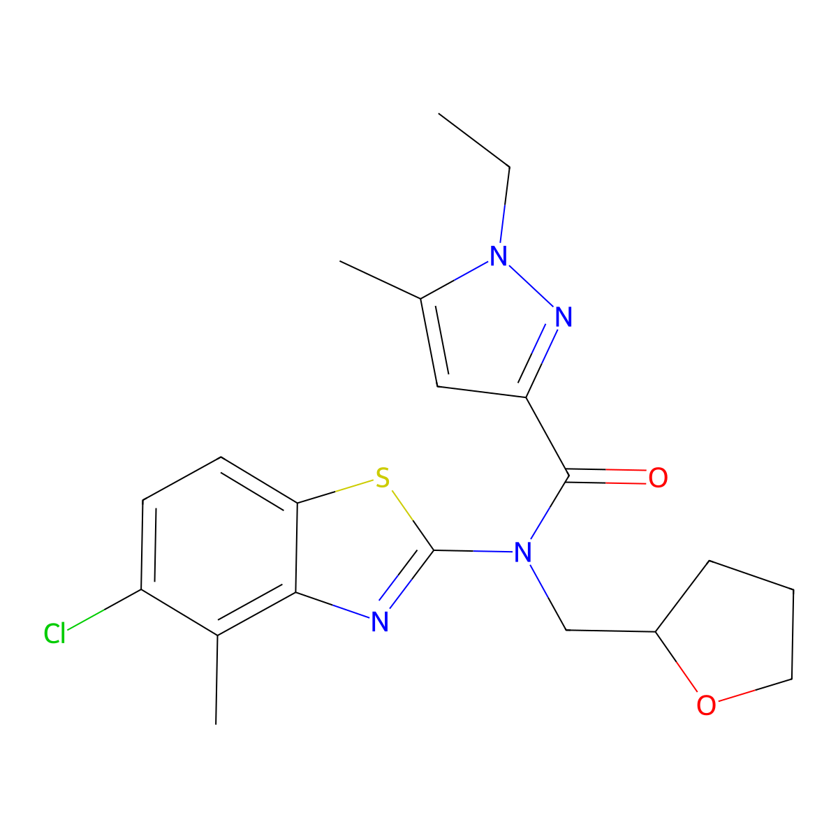 N-(5-chloro-4-methylbenzo[d]thiazol-2-yl)-1-ethyl-5-methyl-N-((tetrahydrofuran-2-yl)methyl)-1H-pyrazole-3-carboxamide molecular structure, CAS 1172422-95-5