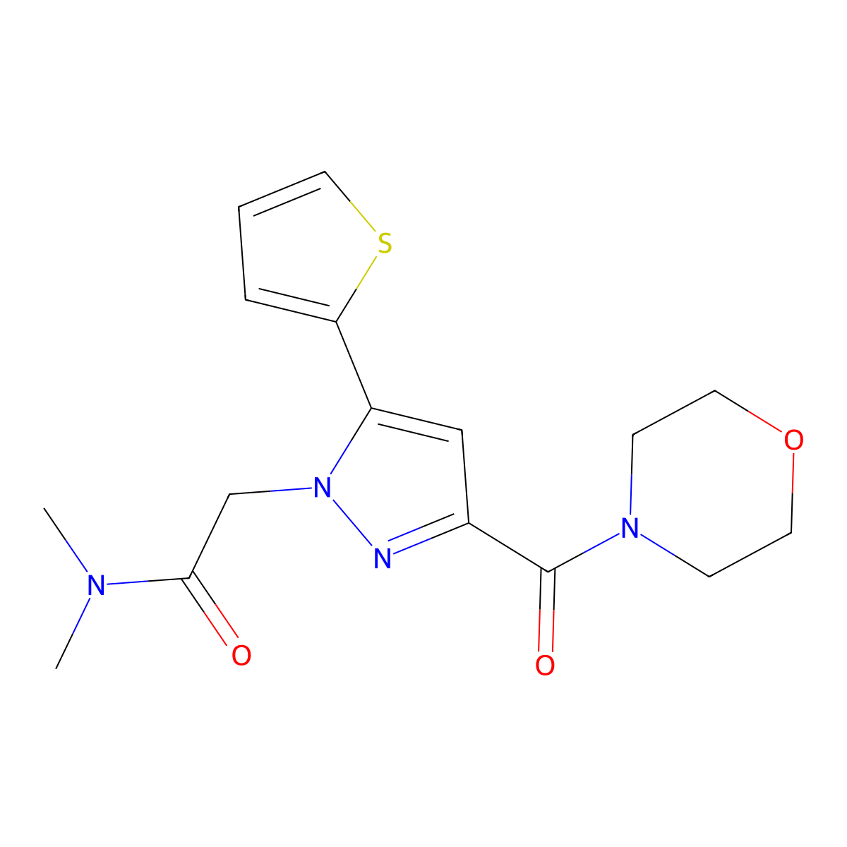 N,N-dimethyl-2-[3-(morpholine-4-carbonyl)-5-(thiophen-2-yl)-1H-pyrazol-1-yl]acetamide molecular structure, CAS 1172424-17-7