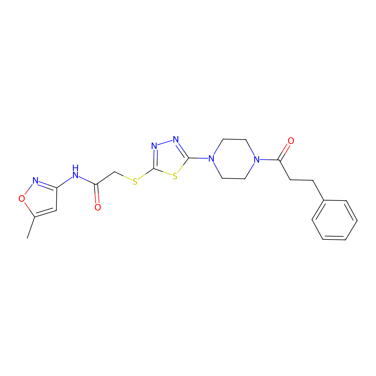 N-(5-methylisoxazol-3-yl)-2-((5-(4-(3-phenylpropanoyl)piperazin-1-yl)-1,3,4-thiadiazol-2-yl)thio)acetamide molecular structure, CAS 1172424-38-2