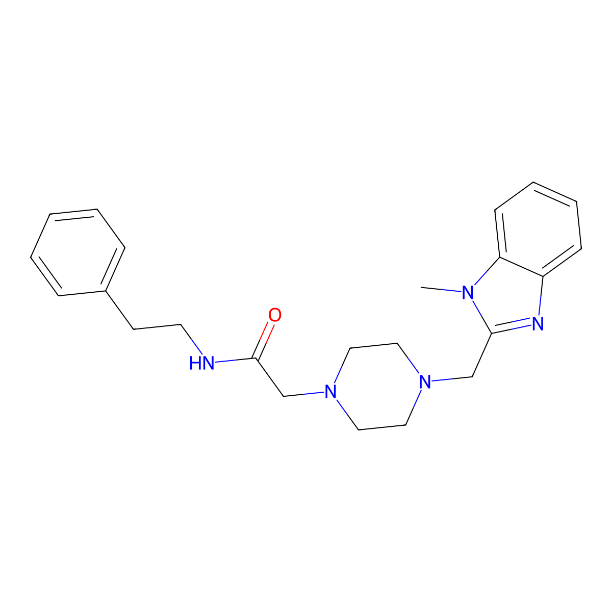 2-(4-((1-methyl-1H-benzo[d]imidazol-2-yl)methyl)piperazin-1-yl)-N-phenethylacetamide molecular structure, CAS 1172424-40-6