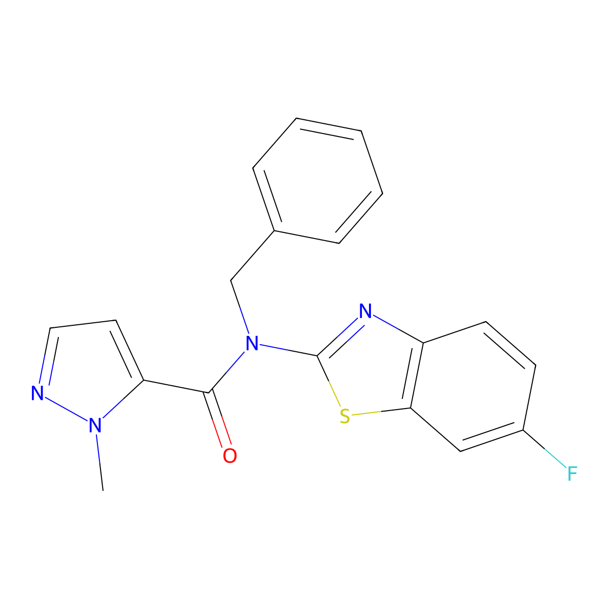 N-benzyl-N-(6-fluorobenzo[d]thiazol-2-yl)-1-methyl-1H-pyrazole-5-carboxamide molecular structure, CAS 1172424-45-1