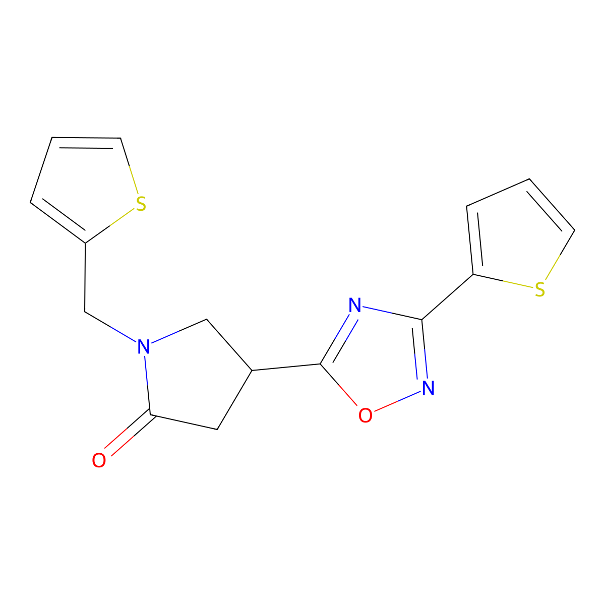 4-(3-(Thiophen-2-yl)-1,2,4-oxadiazol-5-yl)-1-(thiophen-2-ylmethyl)pyrrolidin-2-one molecular structure, CAS 1172425-16-9