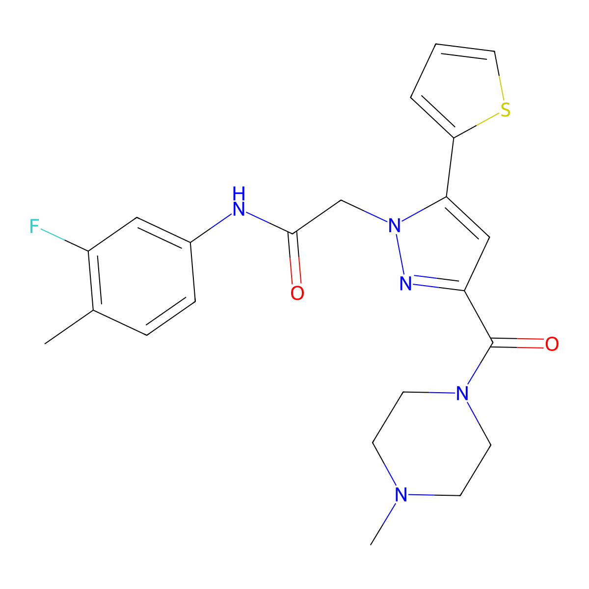 N-(3-fluoro-4-methylphenyl)-2-(3-(4-methylpiperazine-1-carbonyl)-5-(thiophen-2-yl)-1H-pyrazol-1-yl)acetamide molecular structure, CAS 1172426-02-6