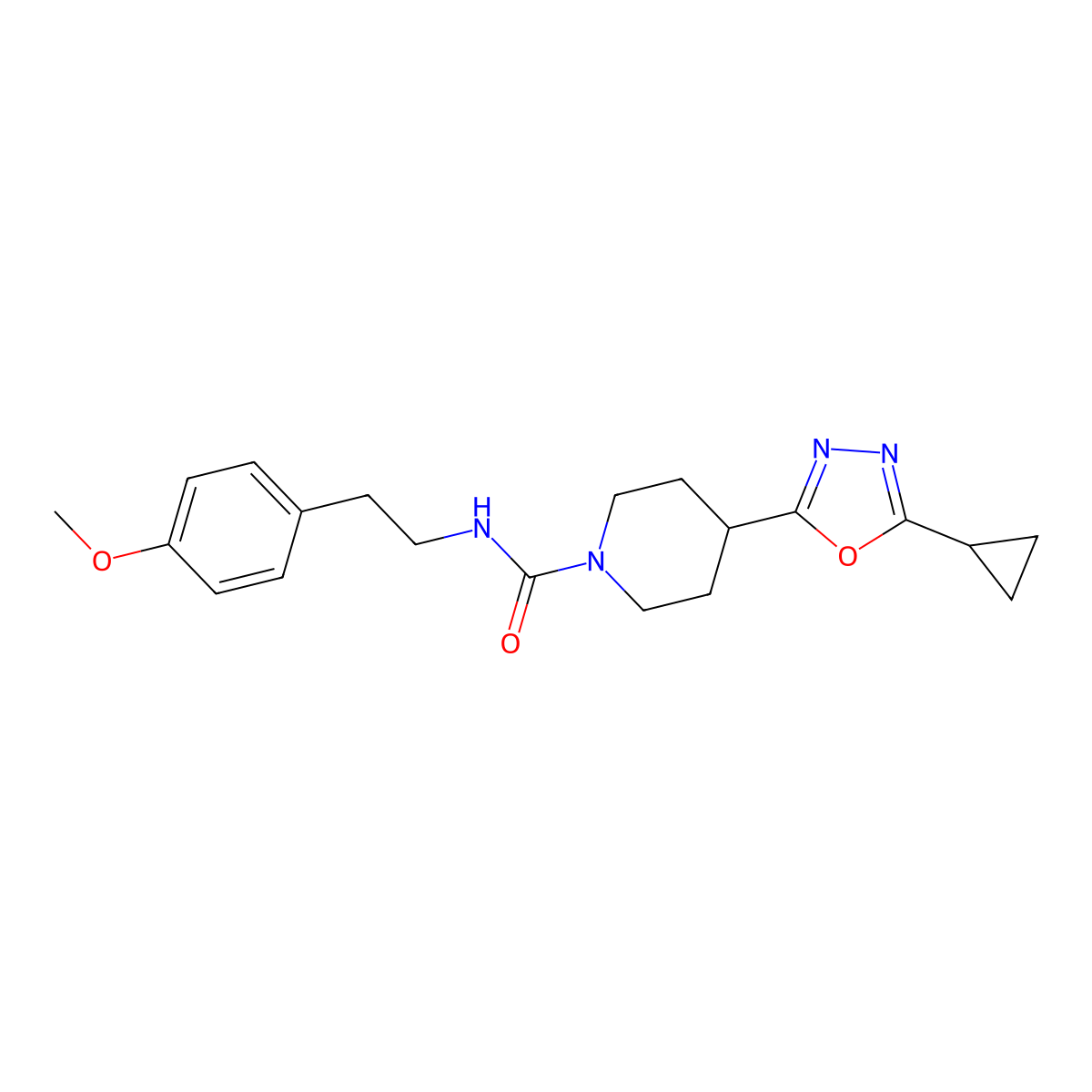 4-(5-cyclopropyl-1,3,4-oxadiazol-2-yl)-N-(4-methoxyphenethyl)piperidine-1-carboxamide molecular structure, CAS 1172426-49-1