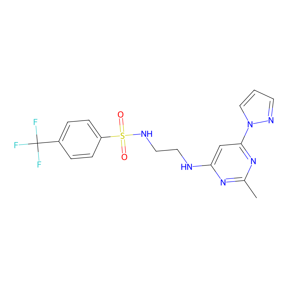N-(2-((2-methyl-6-(1H-pyrazol-1-yl)pyrimidin-4-yl)amino)ethyl)-4-(trifluoromethyl)benzenesulfonamide molecular structure, CAS 1172427-31-4