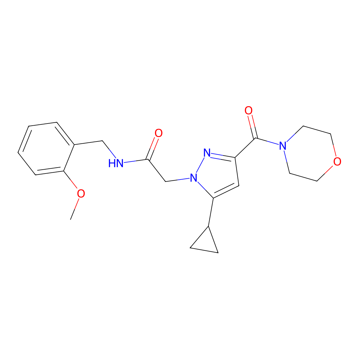 2-(5-cyclopropyl-3-(morpholine-4-carbonyl)-1H-pyrazol-1-yl)-N-(2-methoxybenzyl)acetamide molecular structure, CAS 1172427-70-1