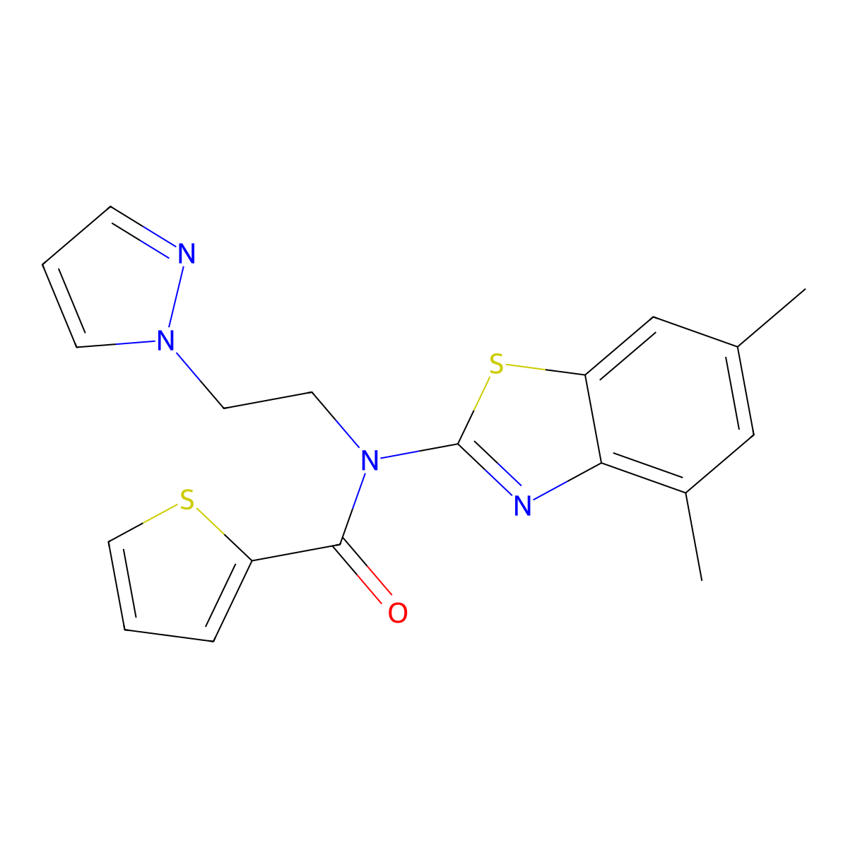 N-(2-(1H-pyrazol-1-yl)ethyl)-N-(4,6-dimethylbenzo[d]thiazol-2-yl)thiophene-2-carboxamide molecular structure, CAS 1172428-02-2