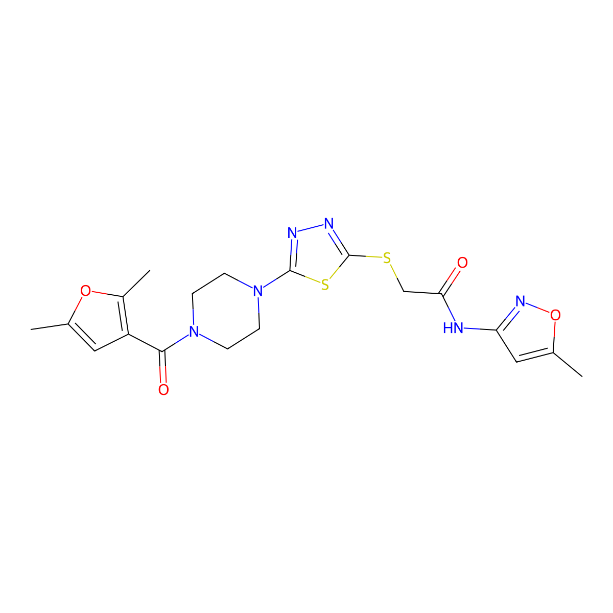 2-((5-(4-(2,5-dimethylfuran-3-carbonyl)piperazin-1-yl)-1,3,4-thiadiazol-2-yl)thio)-N-(5-methylisoxazol-3-yl)acetamide molecular structure, CAS 1172428-48-6