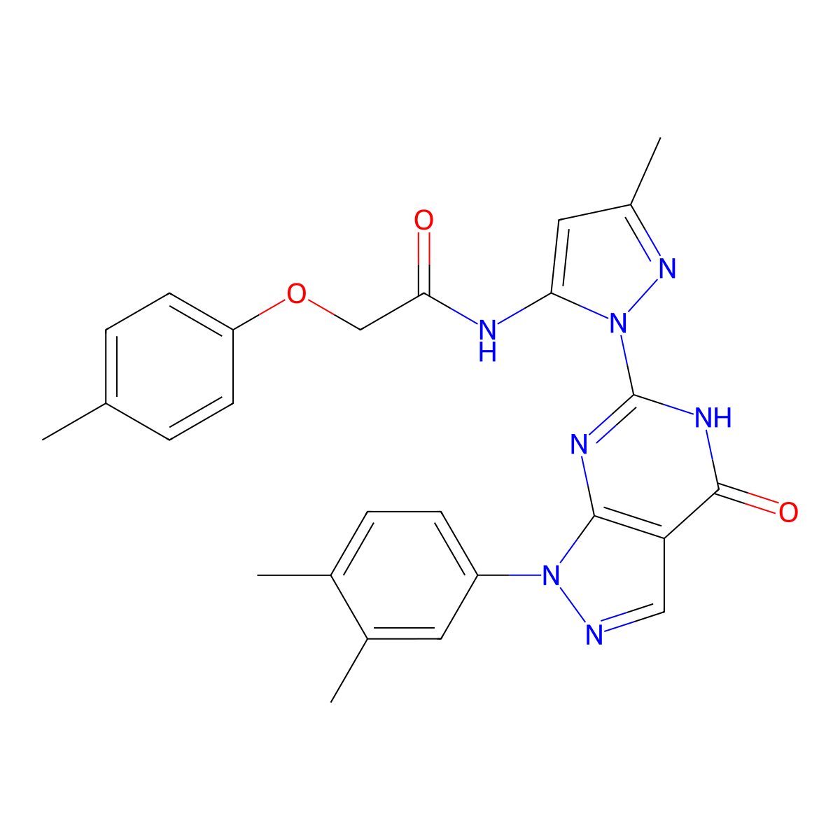 N-(1-(1-(3,4-dimethylphenyl)-4-oxo-4,5-dihydro-1H-pyrazolo[3,4-d]pyrimidin-6-yl)-3-methyl-1H-pyrazol-5-yl)-2-(p-tolyloxy)acetamide molecular structure, CAS 1172428-55-5