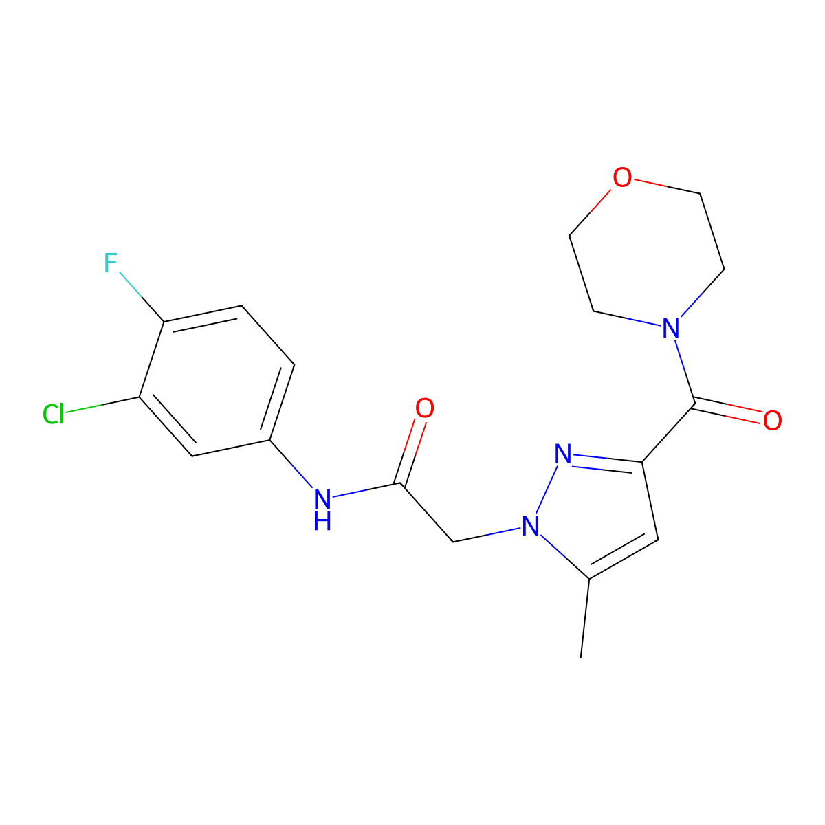 N-(3-chloro-4-fluorophenyl)-2-(5-methyl-3-(morpholine-4-carbonyl)-1H-pyrazol-1-yl)acetamide molecular structure, CAS 1172428-81-7