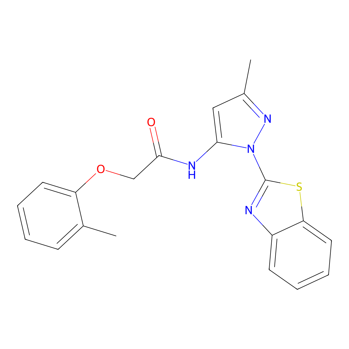N-(1-(benzo[d]thiazol-2-yl)-3-methyl-1H-pyrazol-5-yl)-2-(o-tolyloxy)acetamide molecular structure, CAS 1172434-00-2