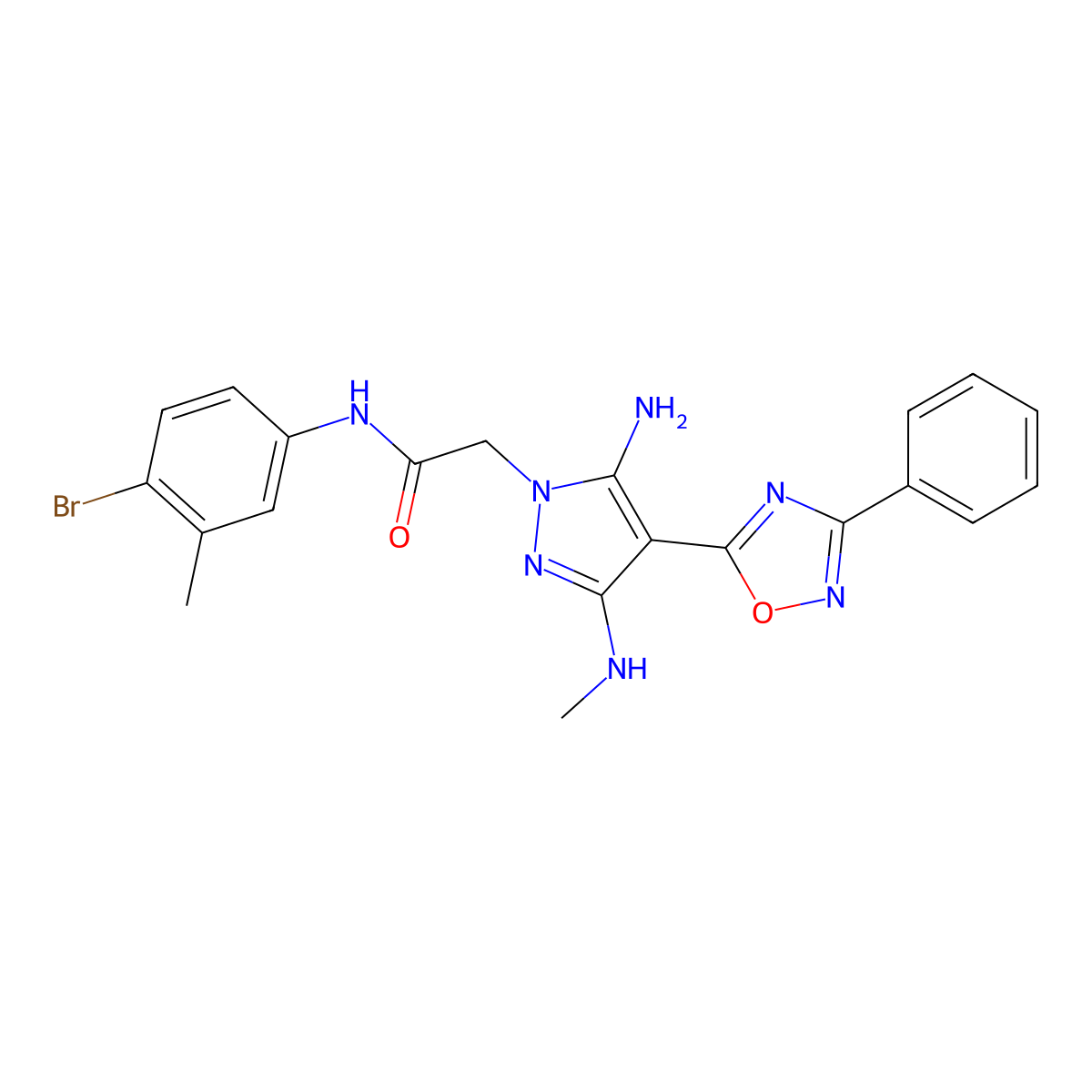 2-[5-amino-3-(methylamino)-4-(3-phenyl-1,2,4-oxadiazol-5-yl)-1H-pyrazol-1-yl]-N-(4-bromo-3-methylphenyl)acetamide molecular structure, CAS 1172434-68-2