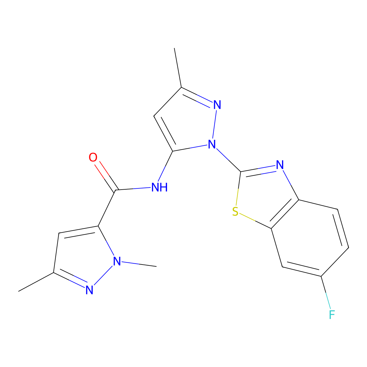 N-(1-(6-fluorobenzo[d]thiazol-2-yl)-3-methyl-1H-pyrazol-5-yl)-1,3-dimethyl-1H-pyrazole-5-carboxamide molecular structure, CAS 1172434-84-2