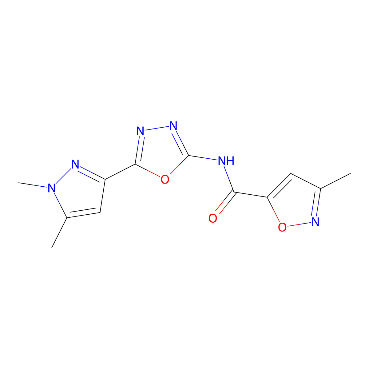 N-(5-(1,5-dimethyl-1H-pyrazol-3-yl)-1,3,4-oxadiazol-2-yl)-3-methylisoxazole-5-carboxamide molecular structure, CAS 1172435-08-3