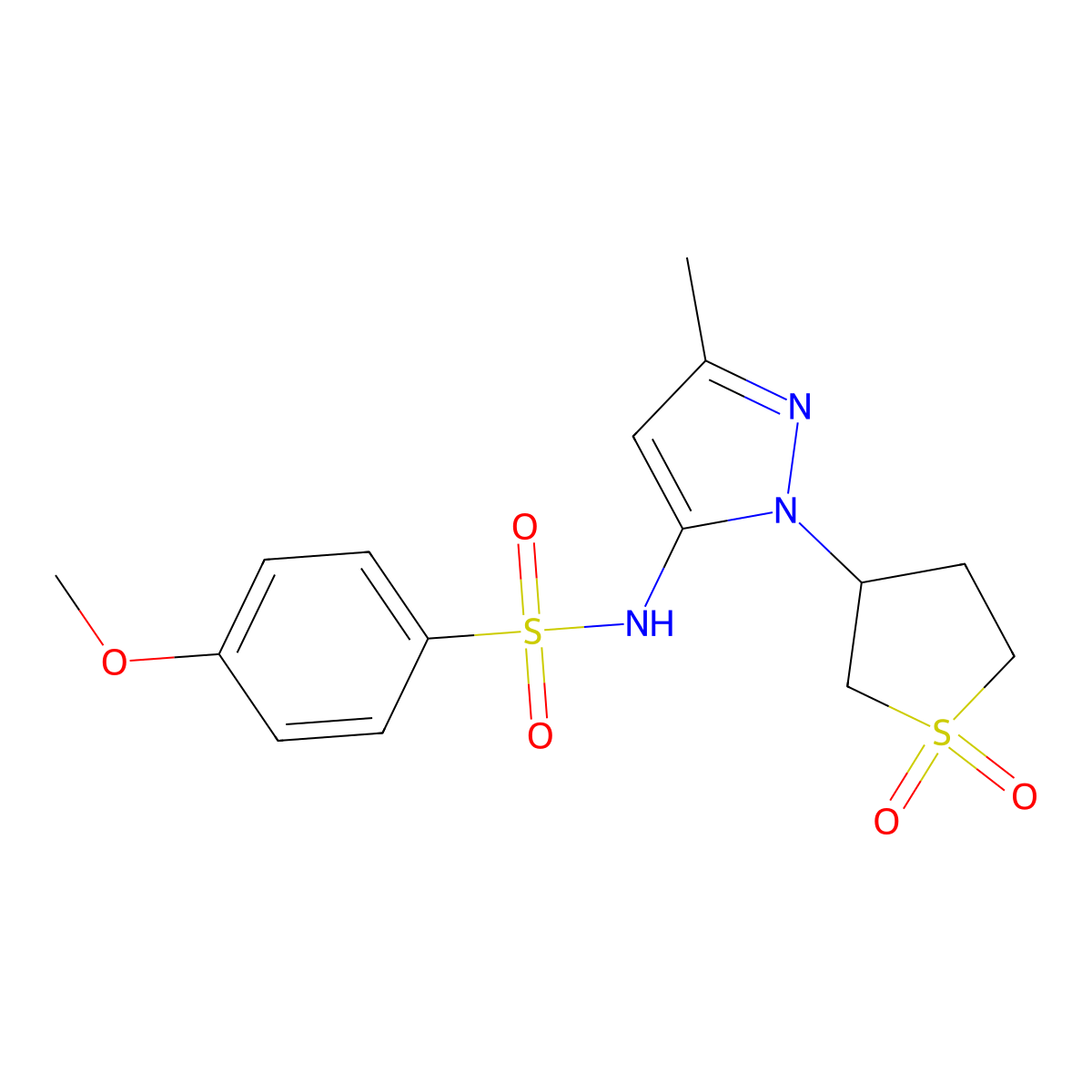 N-(1-(1,1-dioxidotetrahydrothiophen-3-yl)-3-methyl-1H-pyrazol-5-yl)-4-methoxybenzenesulfonamide molecular structure, CAS 1172435-81-2