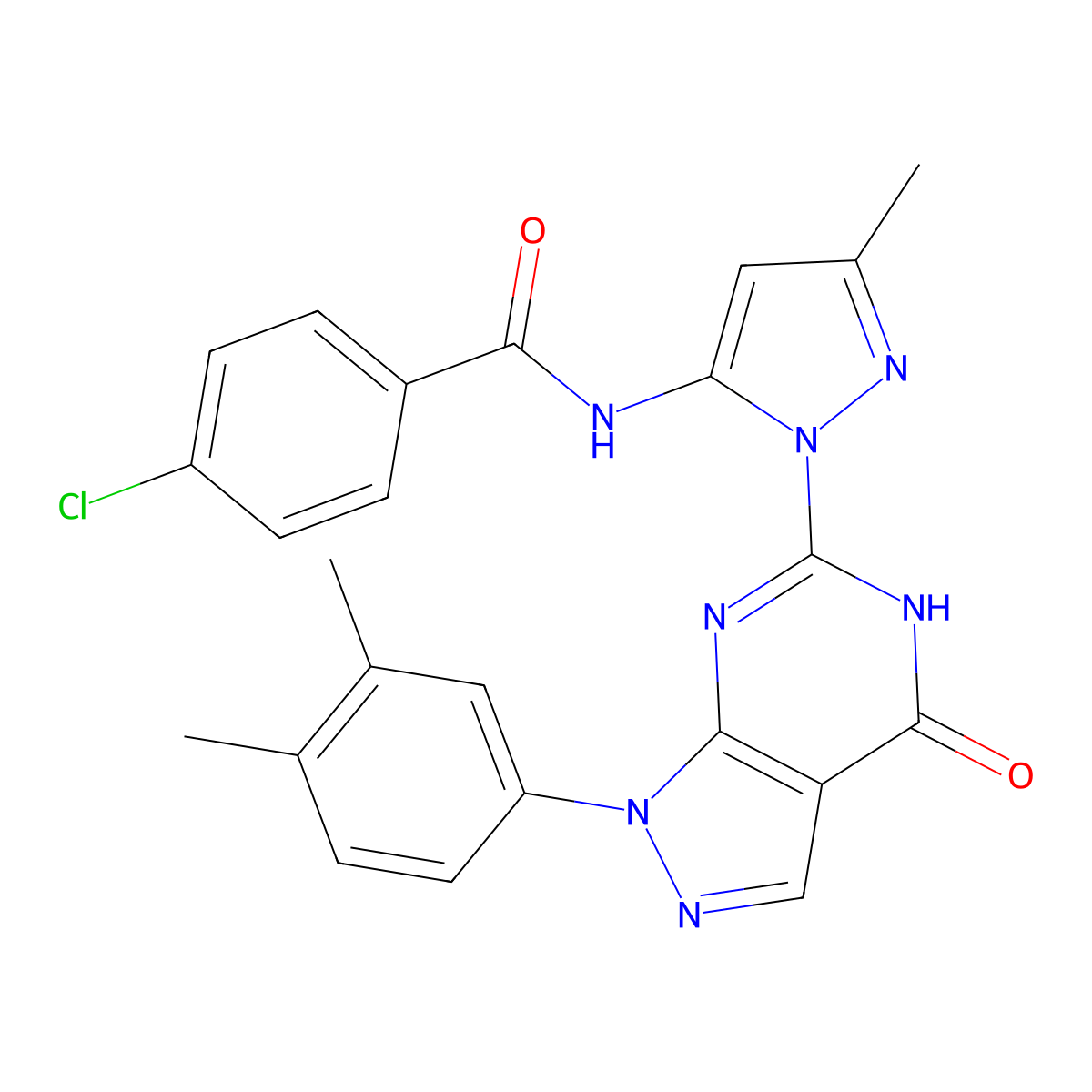 4-chloro-N-(1-(1-(3,4-dimethylphenyl)-4-oxo-4,5-dihydro-1H-pyrazolo[3,4-d]pyrimidin-6-yl)-3-methyl-1H-pyrazol-5-yl)benzamide molecular structure, CAS 1172436-12-2