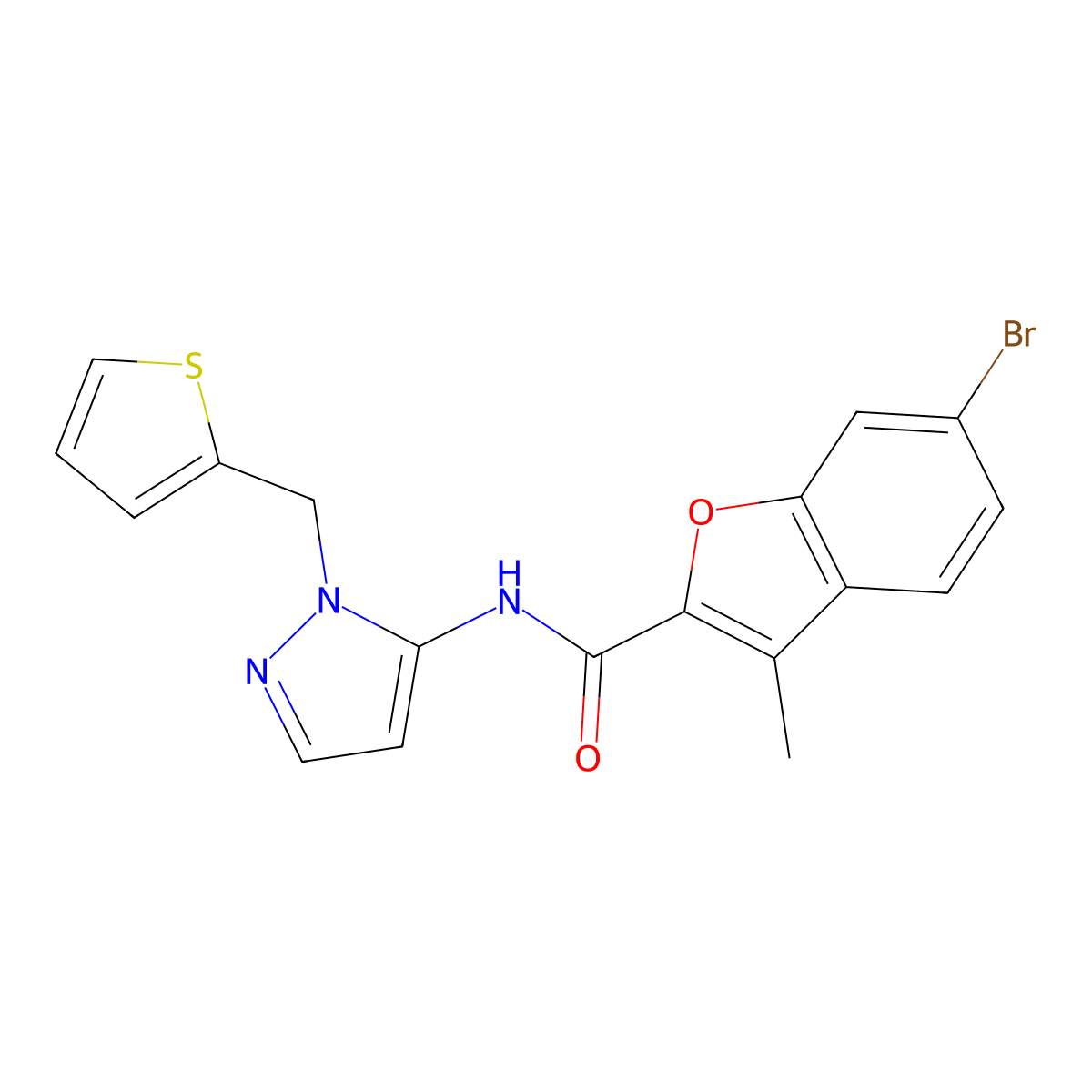 6-bromo-3-methyl-N-[1-(thiophen-2-ylmethyl)-1H-pyrazol-5-yl]-1-benzofuran-2-carboxamide molecular structure, CAS 1172438-87-7