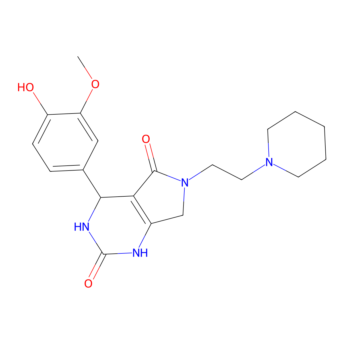 4-(4-hydroxy-3-methoxyphenyl)-6-(2-(piperidin-1-yl)ethyl)-3,4,6,7-tetrahydro-1H-pyrrolo[3,4-d]pyrimidine-2,5-dione molecular structure, CAS 1172439-48-3