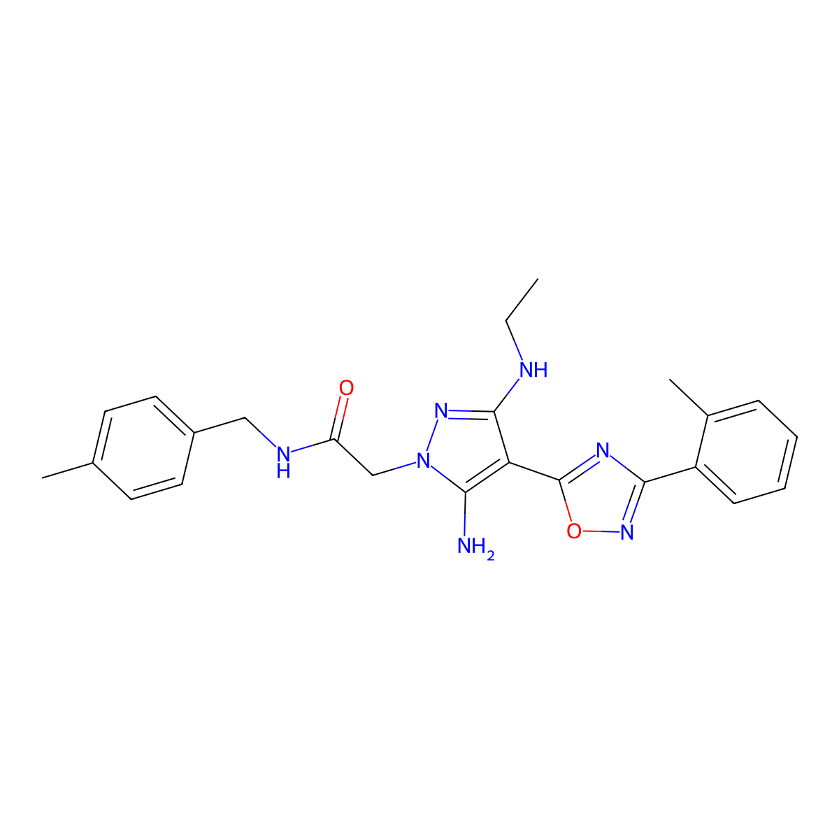 2-(5-amino-3-(ethylamino)-4-(3-(o-tolyl)-1,2,4-oxadiazol-5-yl)-1H-pyrazol-1-yl)-N-(4-methylbenzyl)acetamide molecular structure, CAS 1172439-69-8