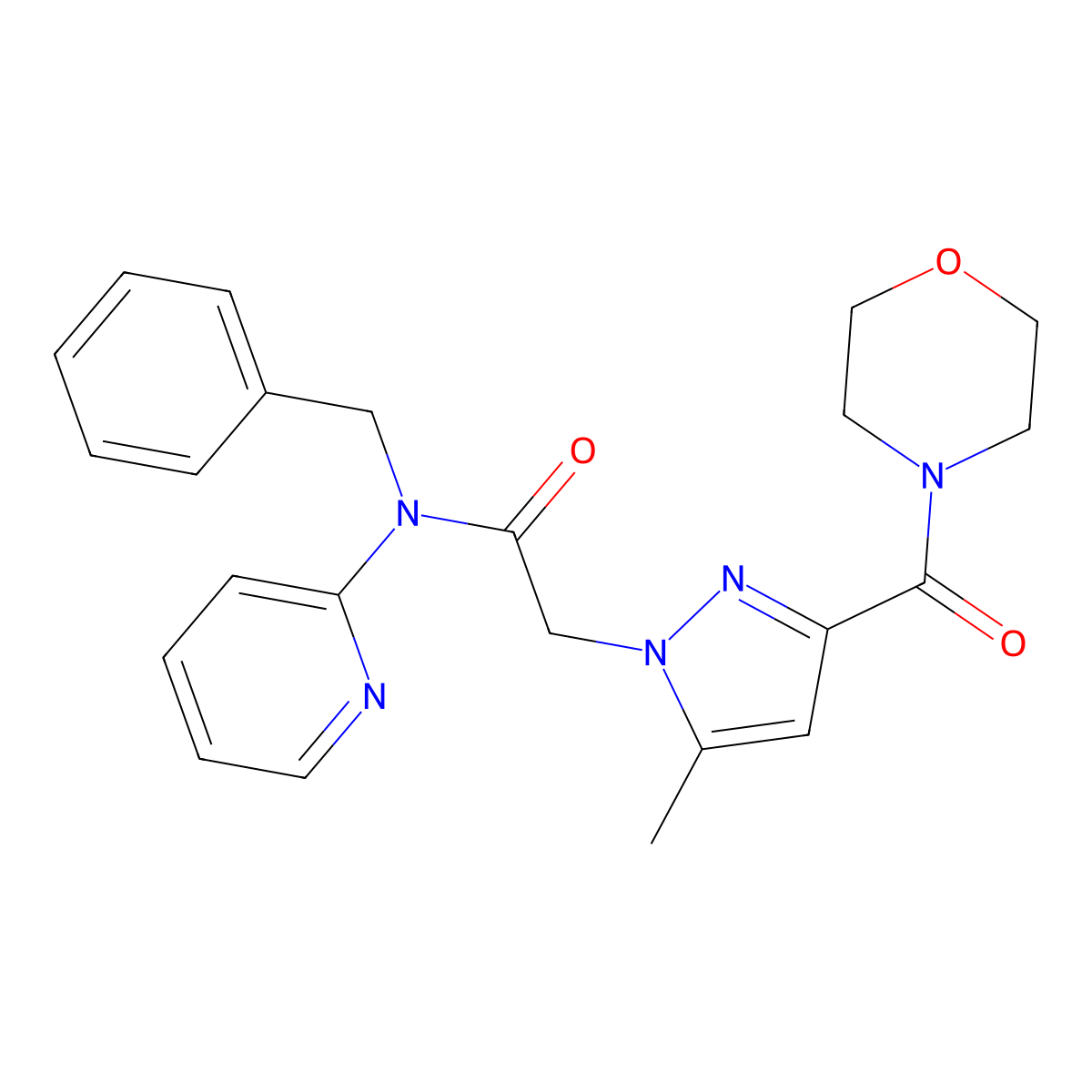 N-benzyl-2-[5-methyl-3-(morpholine-4-carbonyl)-1H-pyrazol-1-yl]-N-(pyridin-2-yl)acetamide molecular structure, CAS 1172442-26-0