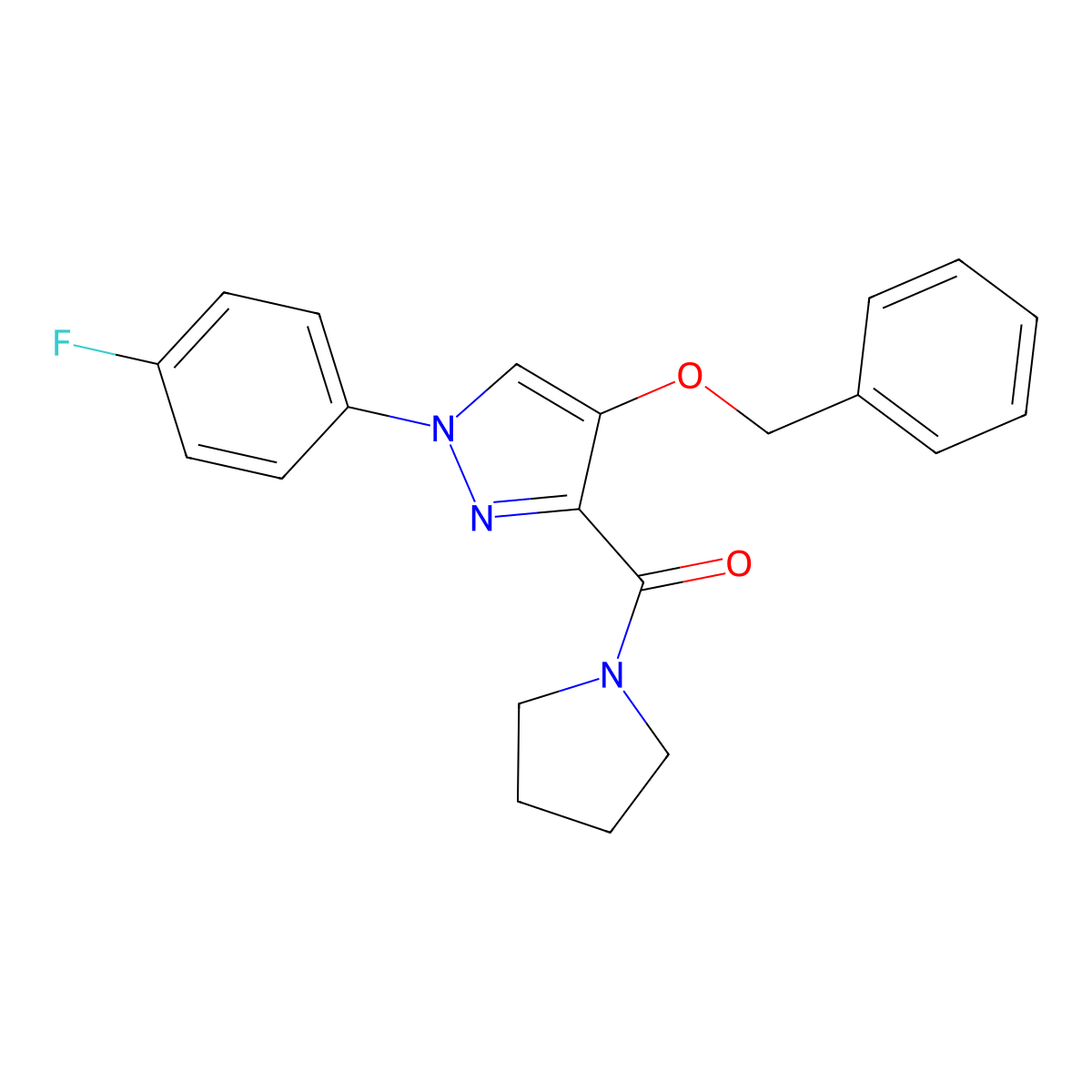 (4-(benzyloxy)-1-(4-fluorophenyl)-1H-pyrazol-3-yl)(pyrrolidin-1-yl)methanone molecular structure, CAS 1172443-07-0