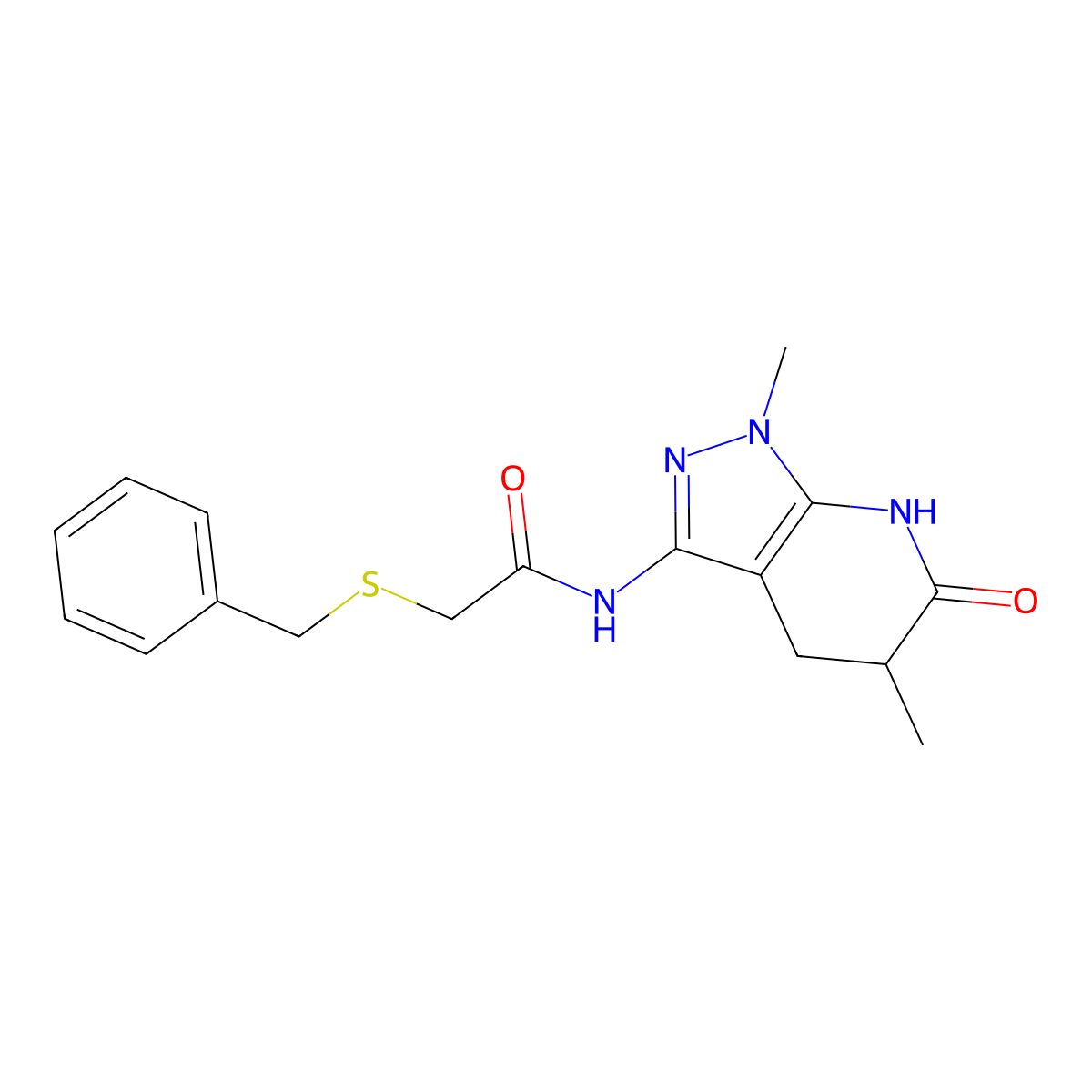 2-(benzylthio)-N-(1,5-dimethyl-6-oxo-4,5,6,7-tetrahydro-1H-pyrazolo[3,4-b]pyridin-3-yl)acetamide molecular structure, CAS 1172443-23-0