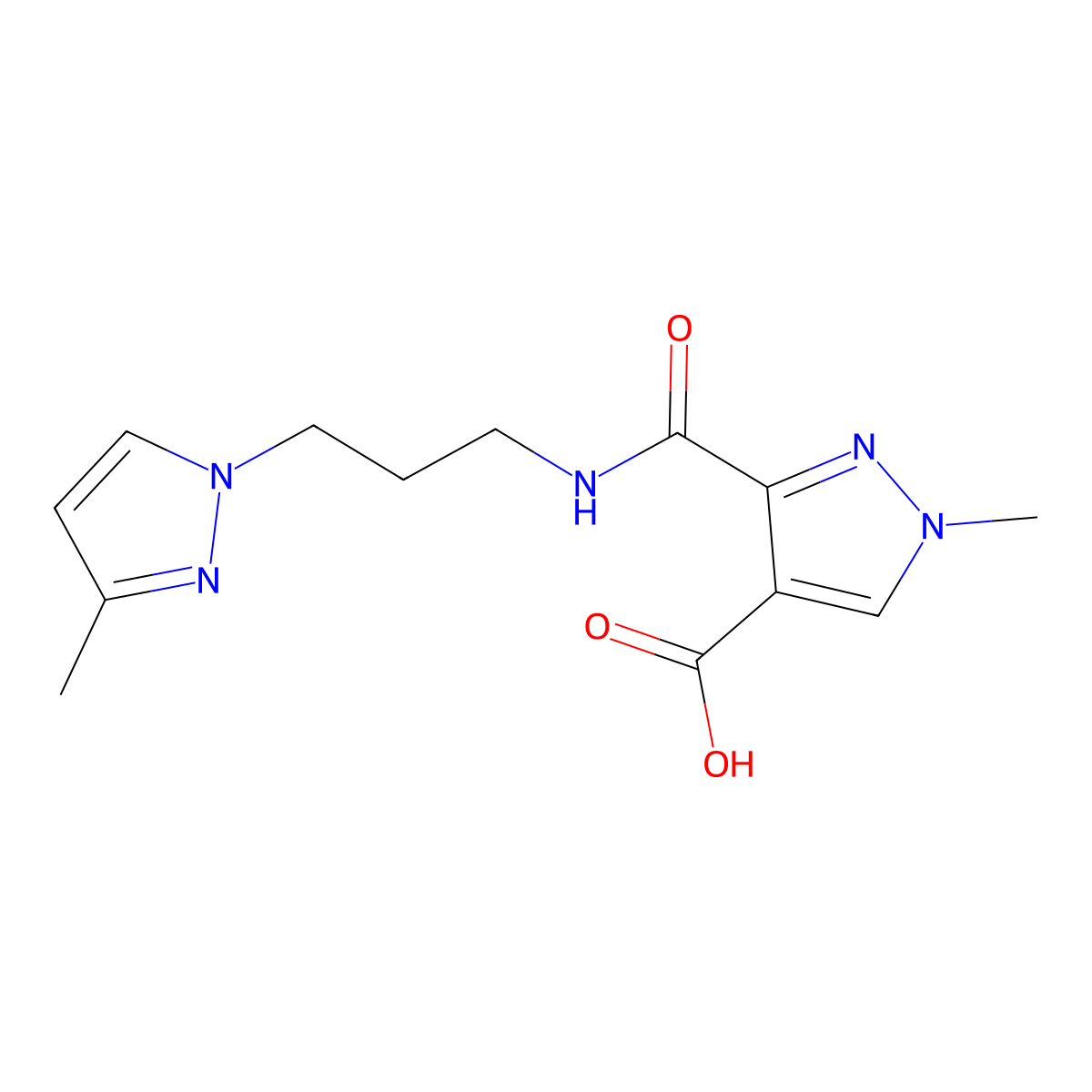1-methyl-3-((3-(3-methyl-1H-pyrazol-1-yl)propyl)carbamoyl)-1H-pyrazole-4-carboxylic acid molecular structure, CAS 1172443-51-4