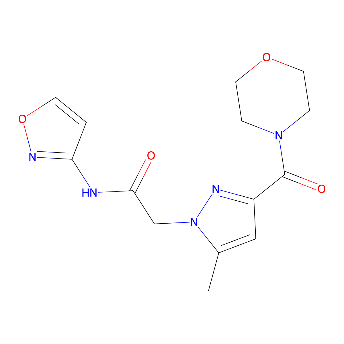 N-(isoxazol-3-yl)-2-(5-methyl-3-(morpholine-4-carbonyl)-1H-pyrazol-1-yl)acetamide molecular structure, CAS 1172443-74-1