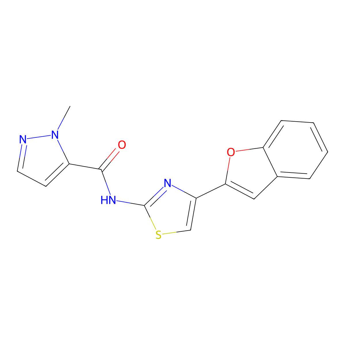 N-(4-(benzofuran-2-yl)thiazol-2-yl)-1-methyl-1H-pyrazole-5-carboxamide molecular structure, CAS 1172444-36-8