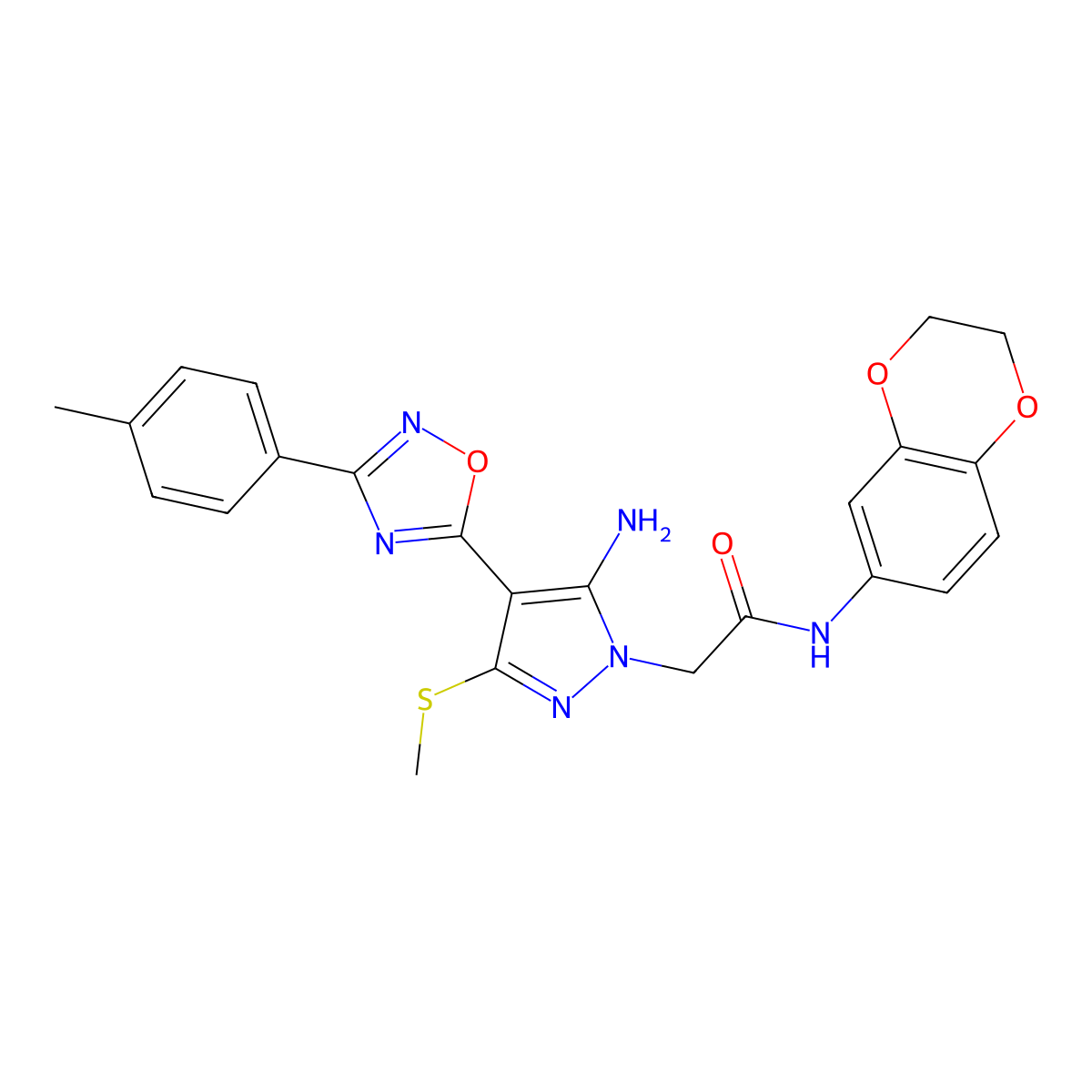 2-{5-amino-4-[3-(4-methylphenyl)-1,2,4-oxadiazol-5-yl]-3-(methylsulfanyl)-1H-pyrazol-1-yl}-N-(2,3-dihydro-1,4-benzodioxin-6-yl)acetamide molecular structure, CAS 1172444-80-2