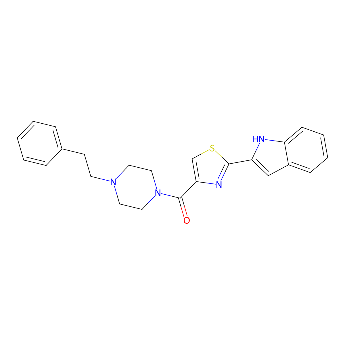 (2-(1H-indol-2-yl)thiazol-4-yl)(4-phenethylpiperazin-1-yl)methanone molecular structure, CAS 1172446-29-5