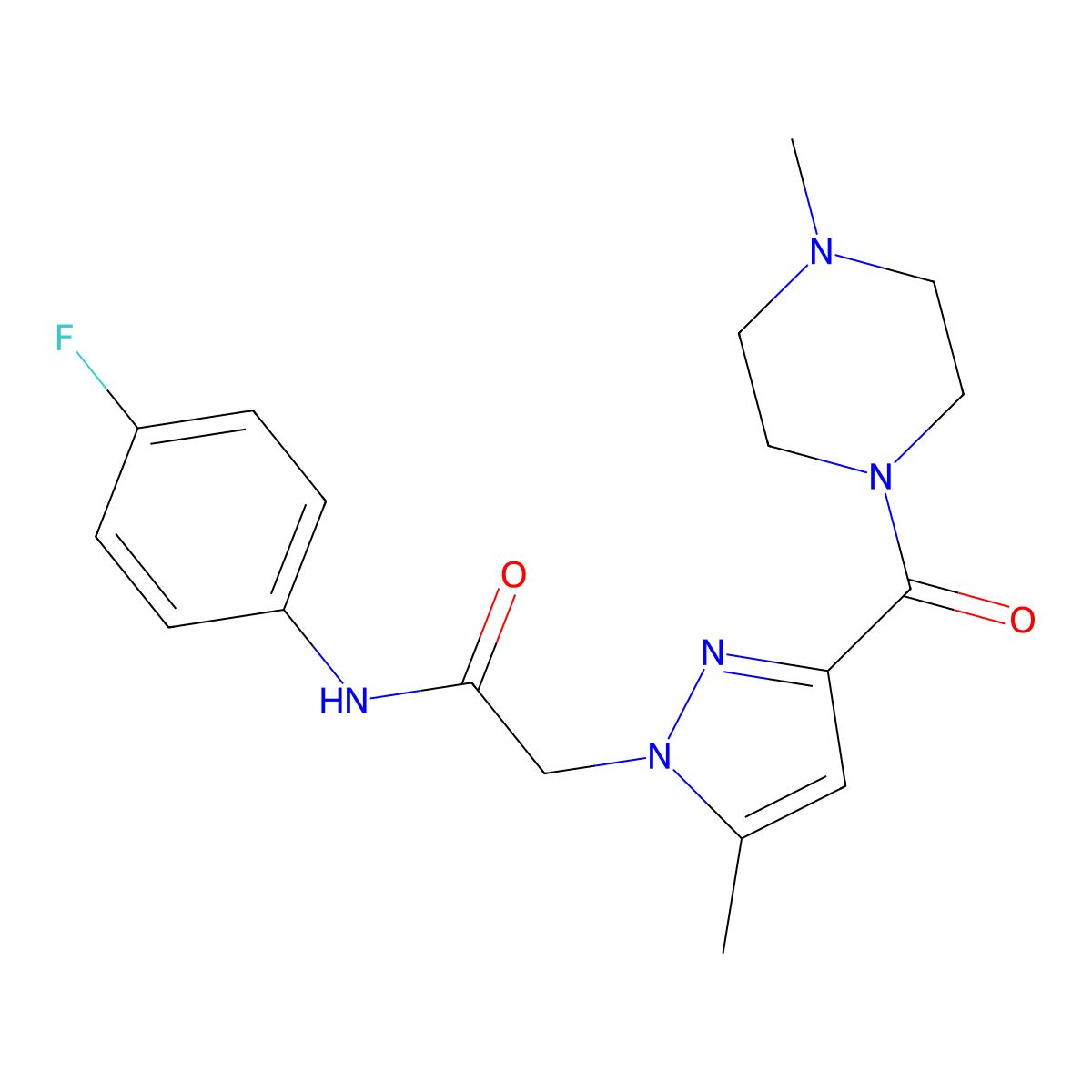 N-(4-fluorophenyl)-2-(5-methyl-3-(4-methylpiperazine-1-carbonyl)-1H-pyrazol-1-yl)acetamide molecular structure, CAS 1172446-35-3