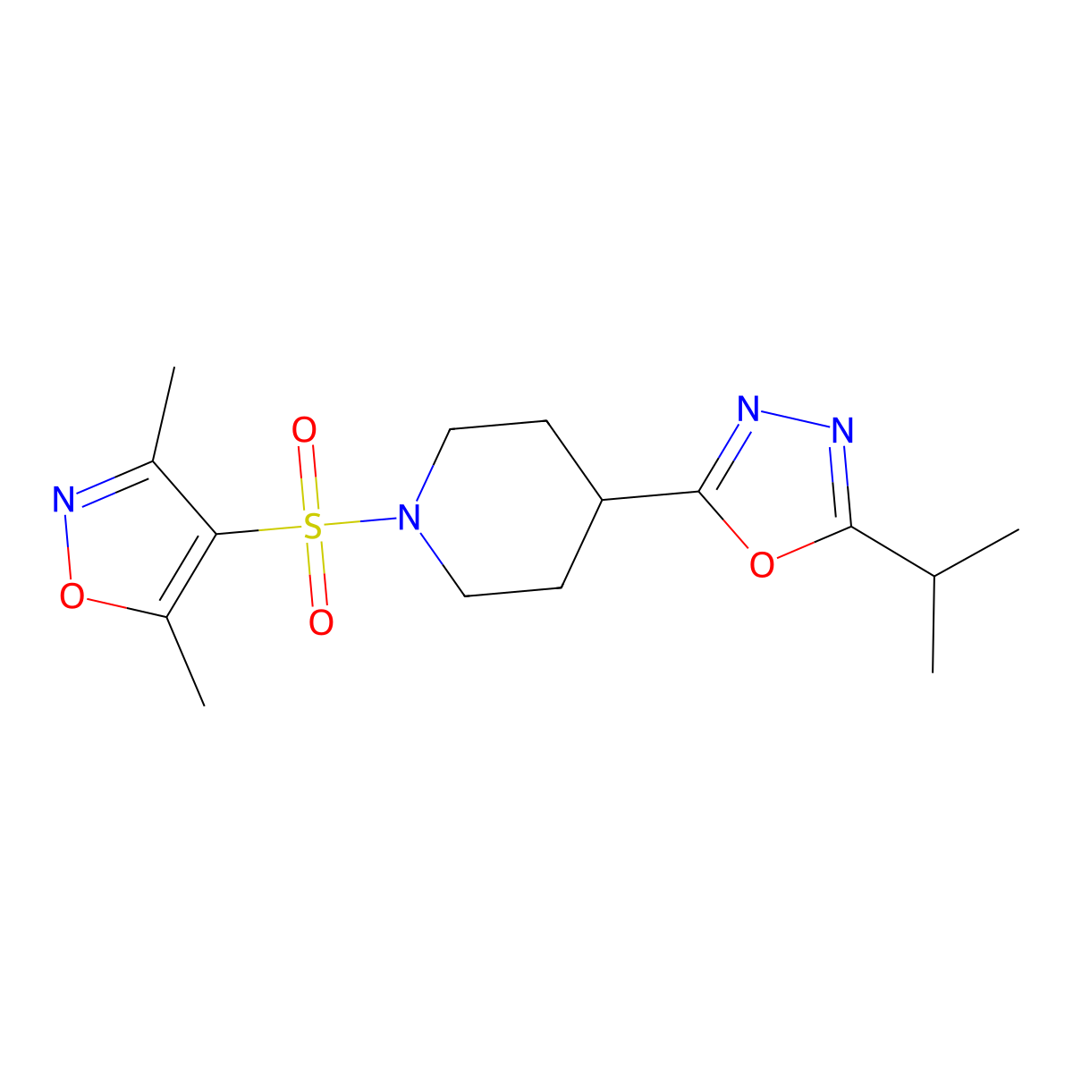 2-(1-((3,5-Dimethylisoxazol-4-yl)sulfonyl)piperidin-4-yl)-5-isopropyl-1,3,4-oxadiazole molecular structure, CAS 1172449-55-6