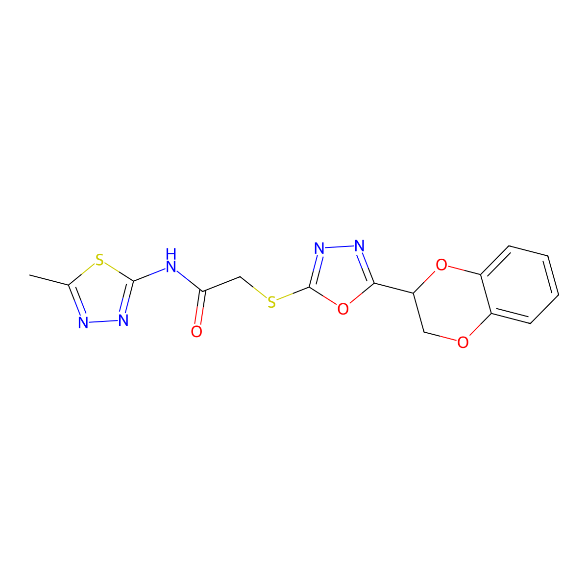 2-((5-(2,3-dihydrobenzo[b][1,4]dioxin-2-yl)-1,3,4-oxadiazol-2-yl)thio)-N-(5-methyl-1,3,4-thiadiazol-2-yl)acetamide molecular structure, CAS 1172450-85-9