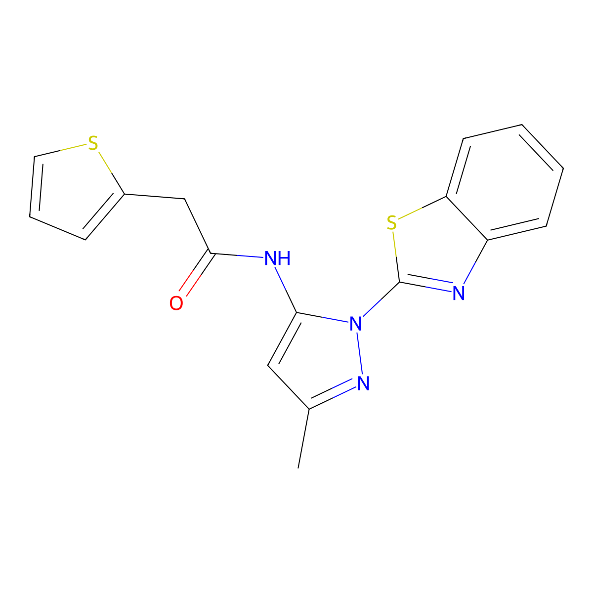 N-(1-(benzo[d]thiazol-2-yl)-3-methyl-1H-pyrazol-5-yl)-2-(thiophen-2-yl)acetamide molecular structure, CAS 1172451-04-5