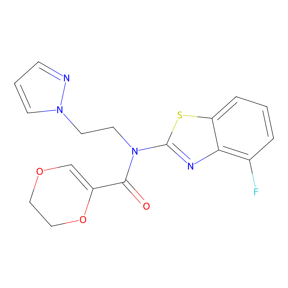 N-(2-(1H-pyrazol-1-yl)ethyl)-N-(4-fluorobenzo[d]thiazol-2-yl)-5,6-dihydro-1,4-dioxine-2-carboxamide molecular structure, CAS 1172451-51-2