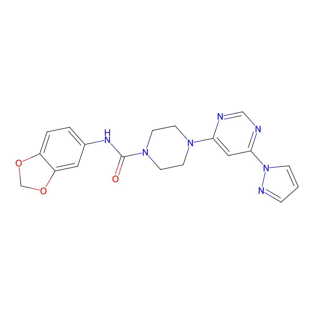 4-(6-(1H-pyrazol-1-yl)pyrimidin-4-yl)-N-(benzo[d][1,3]dioxol-5-yl)piperazine-1-carboxamide molecular structure, CAS 1172453-30-3