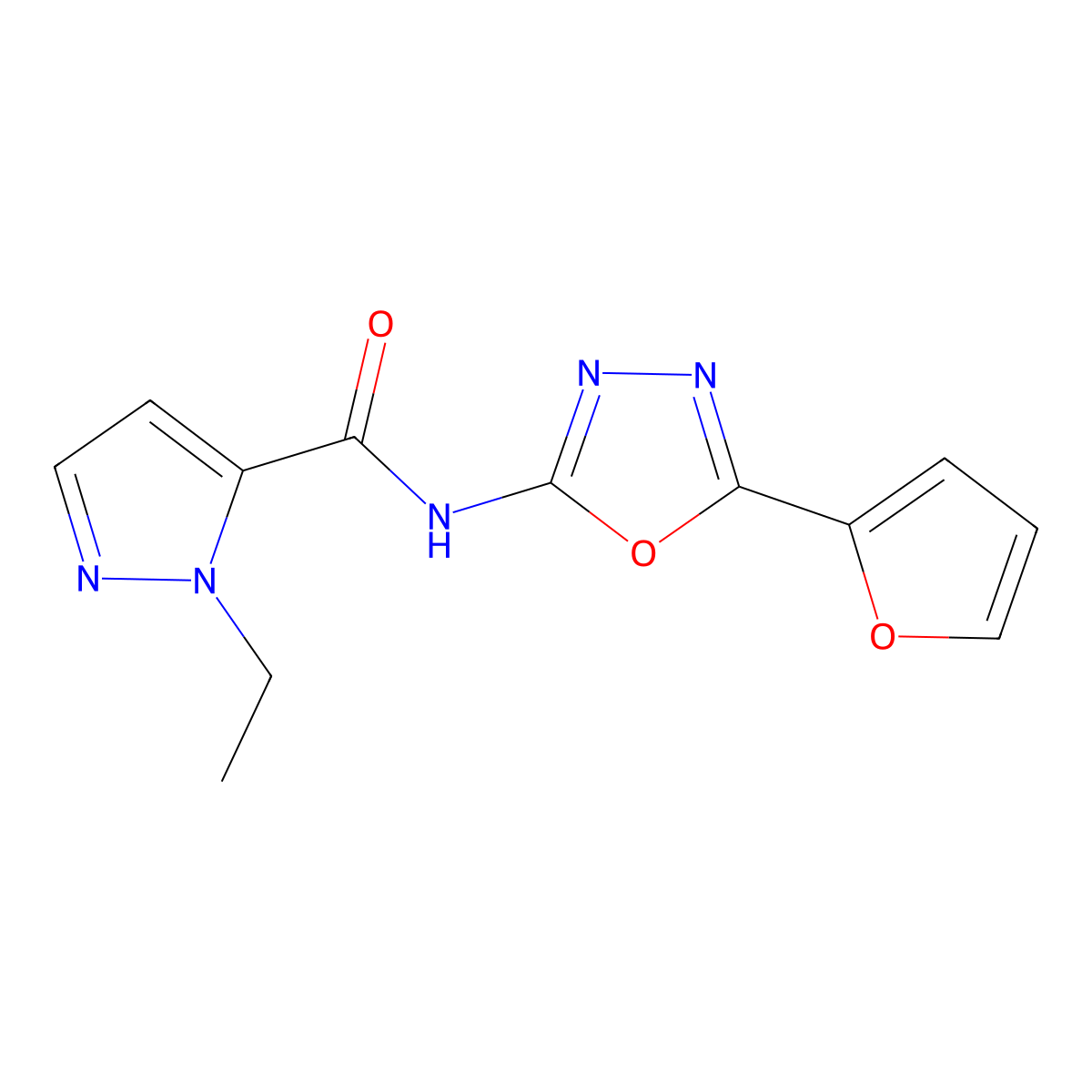 1-ethyl-N-[5-(furan-2-yl)-1,3,4-oxadiazol-2-yl]-1H-pyrazole-5-carboxamide molecular structure, CAS 1172453-59-6
