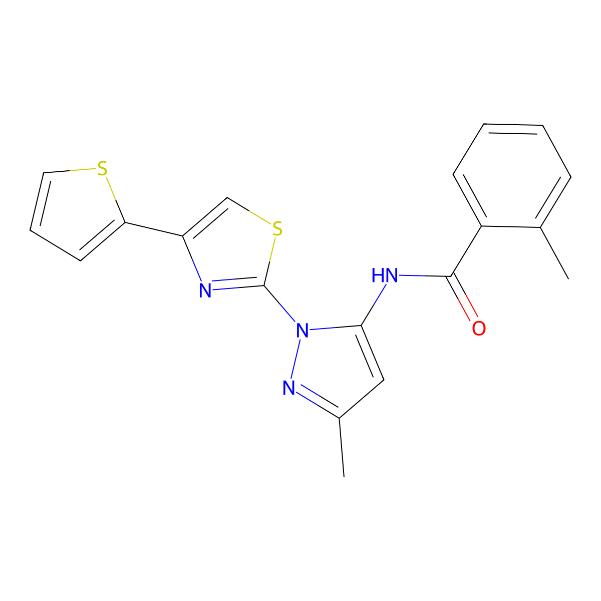 2-methyl-N-(3-methyl-1-(4-(thiophen-2-yl)thiazol-2-yl)-1H-pyrazol-5-yl)benzamide molecular structure, CAS 1172454-67-9