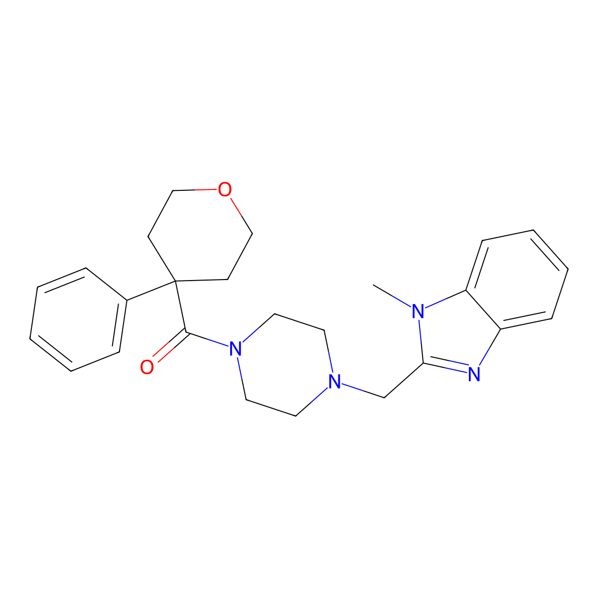 (4-((1-methyl-1H-benzo[d]imidazol-2-yl)methyl)piperazin-1-yl)(4-phenyltetrahydro-2H-pyran-4-yl)methanone molecular structure, CAS 1172457-59-8