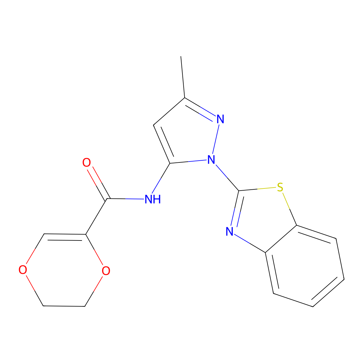 N-[1-(1,3-benzothiazol-2-yl)-3-methyl-1H-pyrazol-5-yl]-5,6-dihydro-1,4-dioxine-2-carboxamide molecular structure, CAS 1172460-16-0