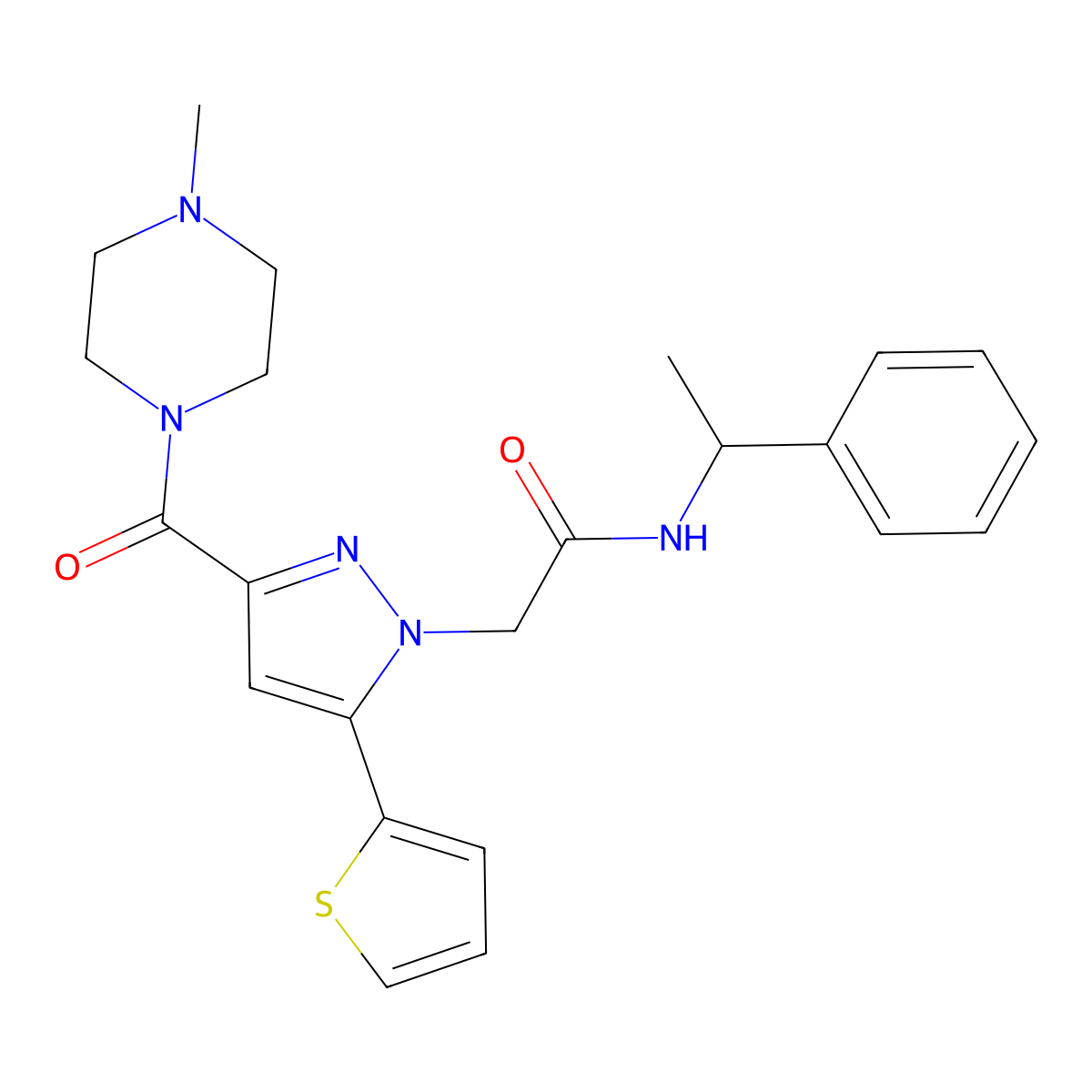 2-(3-(4-methylpiperazine-1-carbonyl)-5-(thiophen-2-yl)-1H-pyrazol-1-yl)-N-(1-phenylethyl)acetamide molecular structure, CAS 1172460-38-6