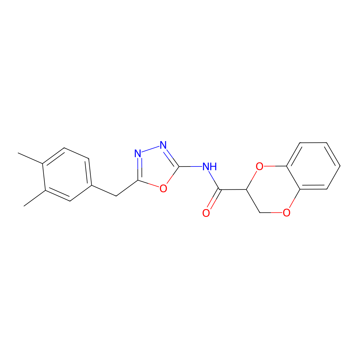 N-(5-(3,4-dimethylbenzyl)-1,3,4-oxadiazol-2-yl)-2,3-dihydrobenzo[b][1,4]dioxine-2-carboxamide molecular structure, CAS 1172460-55-7